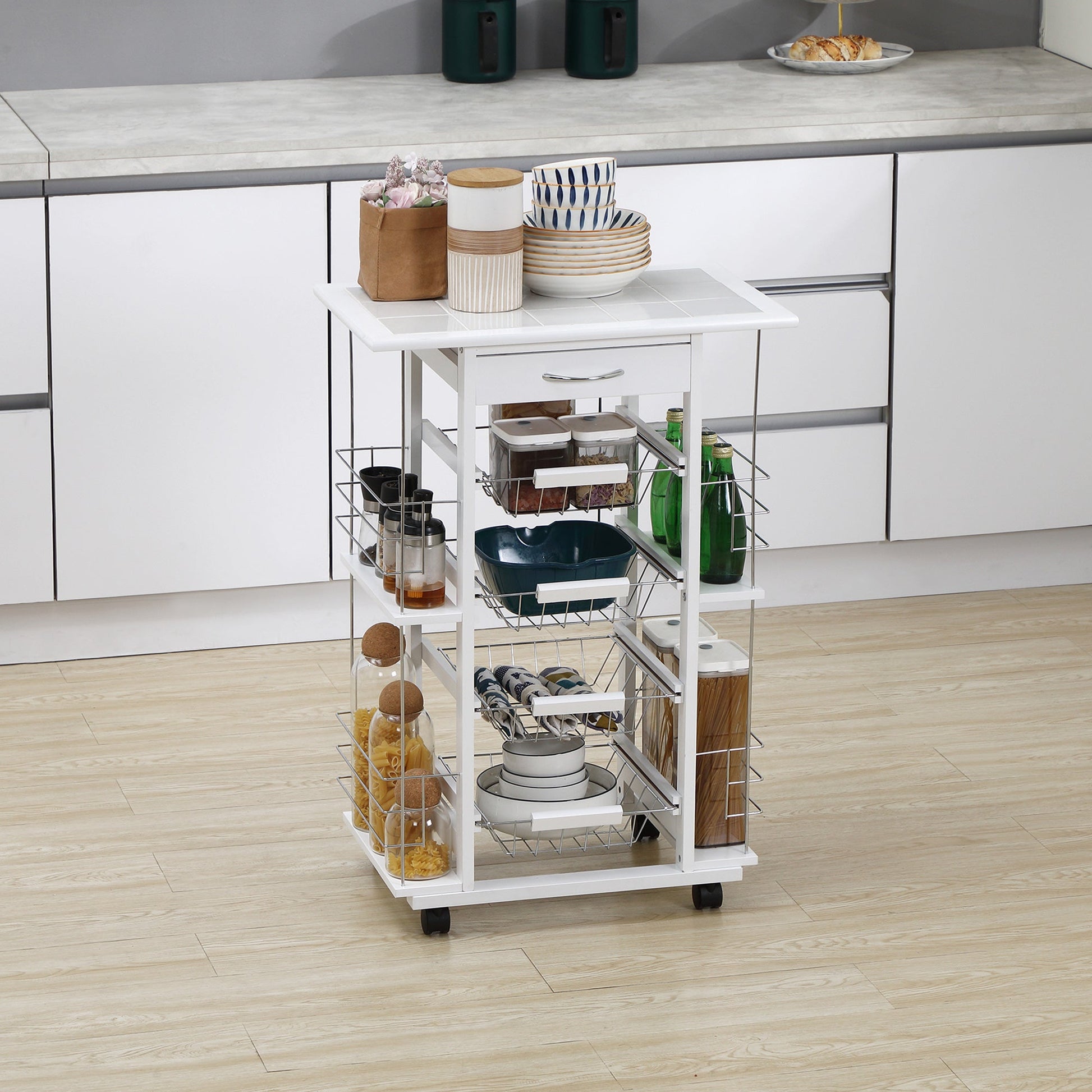HOMCOM Carrinho de Cozinha com Rodas Carrinho de Cozinha com Bancada Gaveta 4 Cestas de Metal e 4 Suportes para Temperos Laterais para Cozinha 57x37x83cm Branco - A minha loja