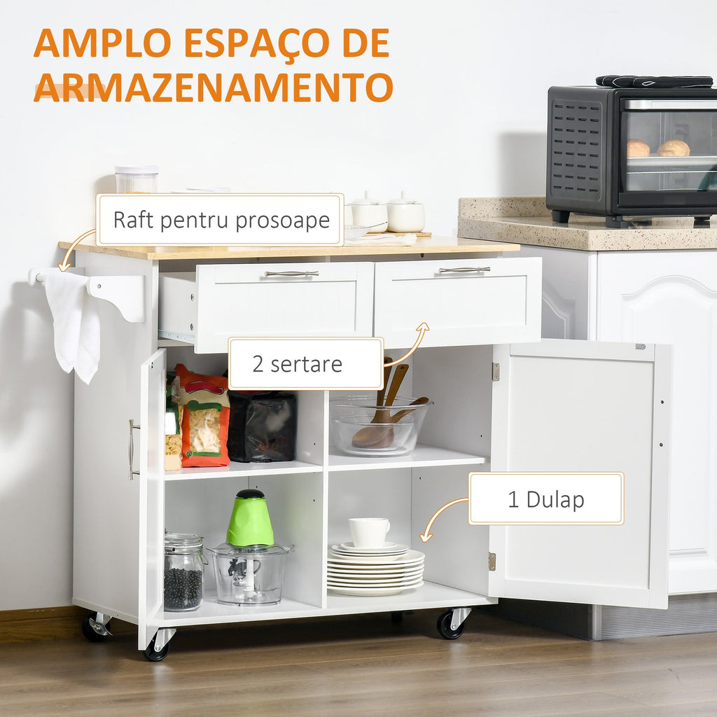 HOMCOM Carrinho de Cozinha com Rodas Móvel Auxiliar de Cozinha com 2 Gavetas 2 Portas Prateleira Ajustável e Suporte para Guardanapos para Sala de Jantar Sala de Estar 104x46x91 cm Branco - A minha loja
