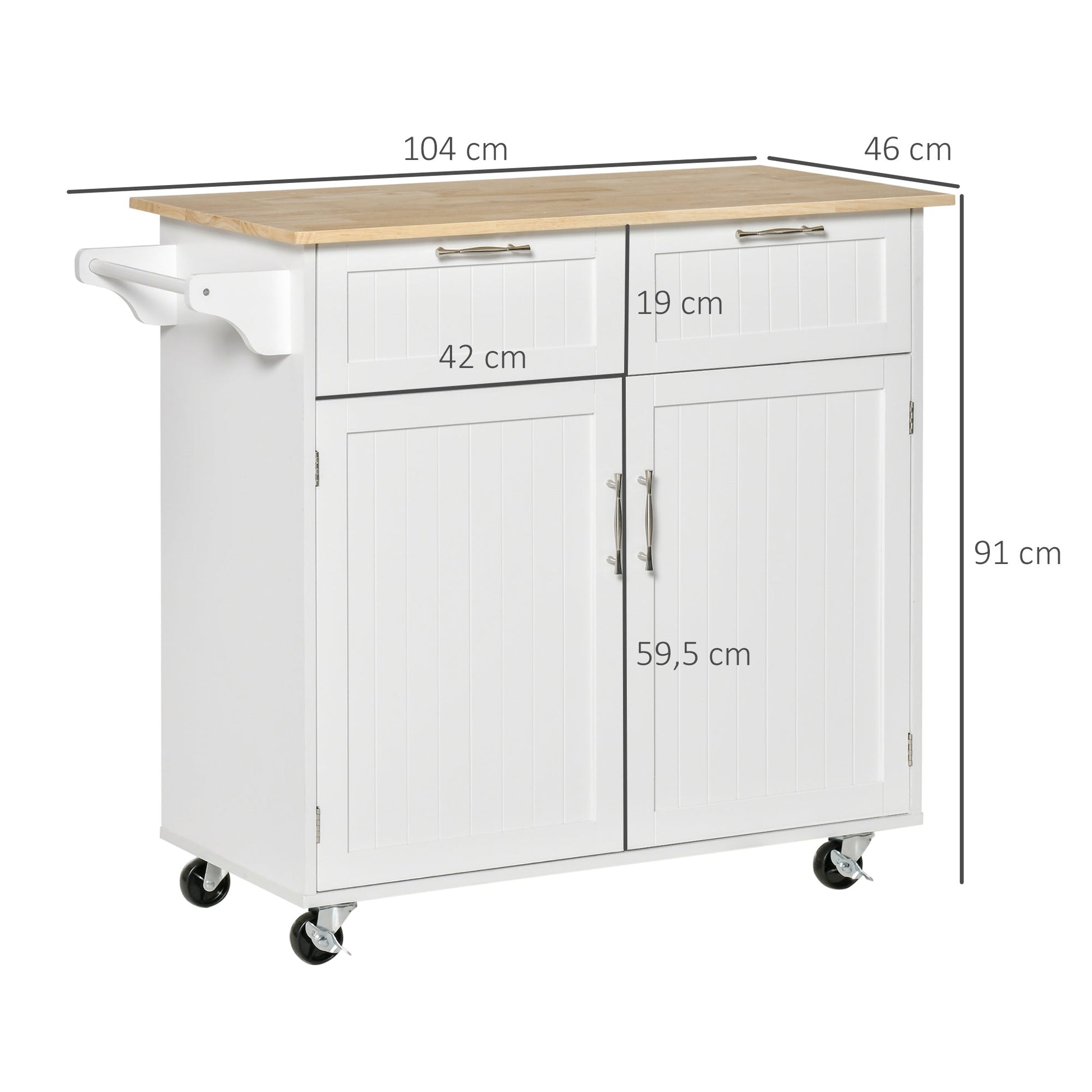 HOMCOM Carrinho de Cozinha com Rodas Móvel Auxiliar de Cozinha com 2 Gavetas 2 Portas Prateleira Ajustável e Suporte para Guardanapos para Sala de Jantar Sala de Estar 104x46x91 cm Branco - A minha loja