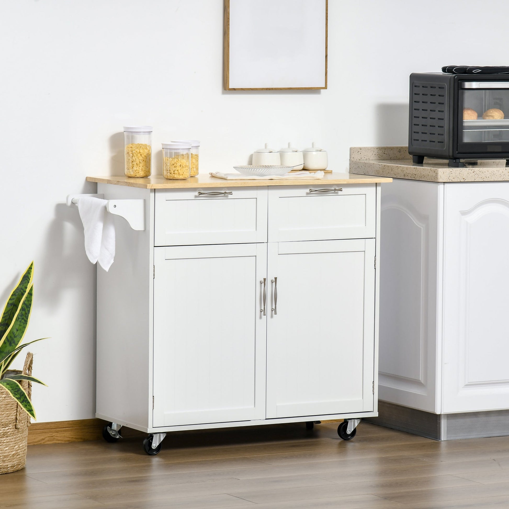 HOMCOM Carrinho de Cozinha com Rodas Móvel Auxiliar de Cozinha com 2 Gavetas 2 Portas Prateleira Ajustável e Suporte para Guardanapos para Sala de Jantar Sala de Estar 104x46x91 cm Branco - A minha loja
