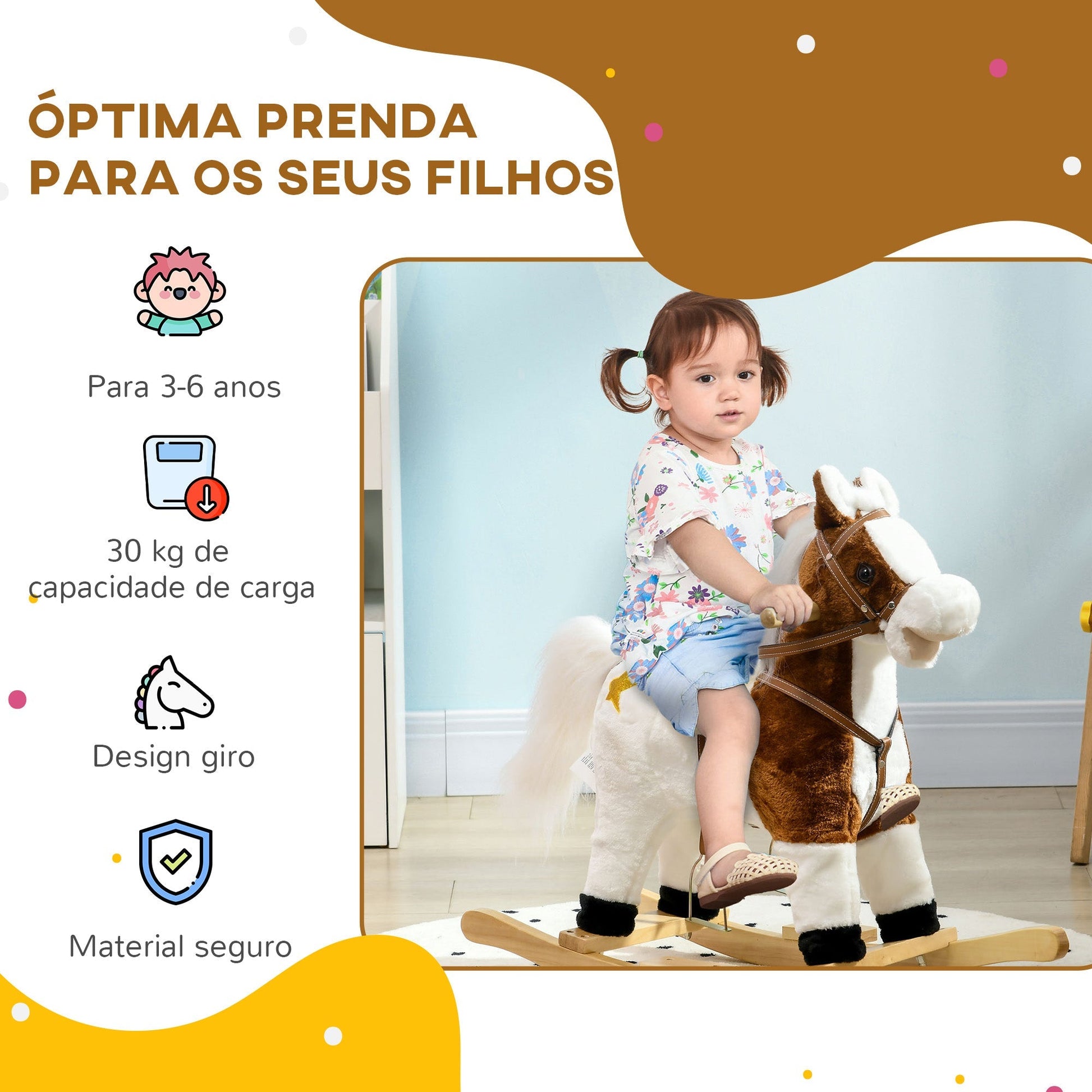 HOMCOM Cavalo Baloiço para Crianças acima de 3 Anos Cavalo Baloiço de Brincar com Música Som e Função de Movimento da Cauda Carga 30 kg 68x26x62 cm Marrom e Branco - A minha loja