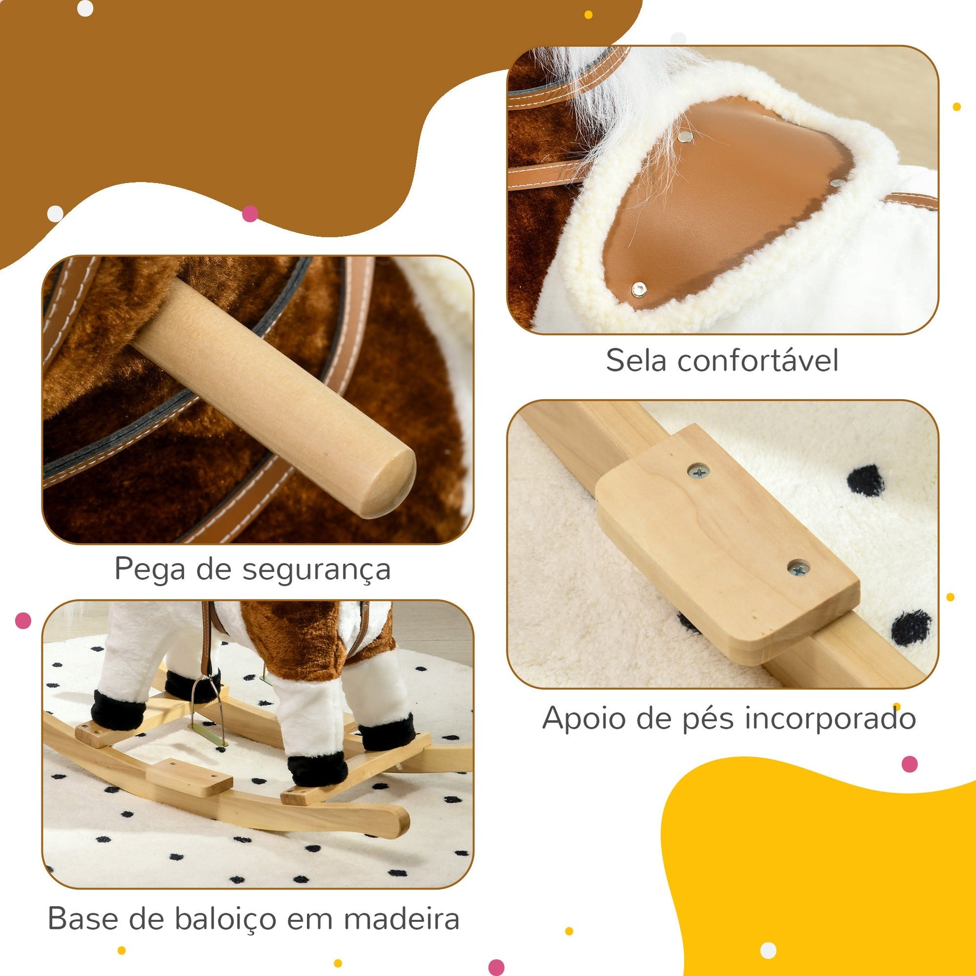 HOMCOM Cavalo Baloiço para Crianças acima de 3 Anos Cavalo Baloiço de Brincar com Música Som e Função de Movimento da Cauda Carga 30 kg 68x26x62 cm Marrom e Branco - A minha loja