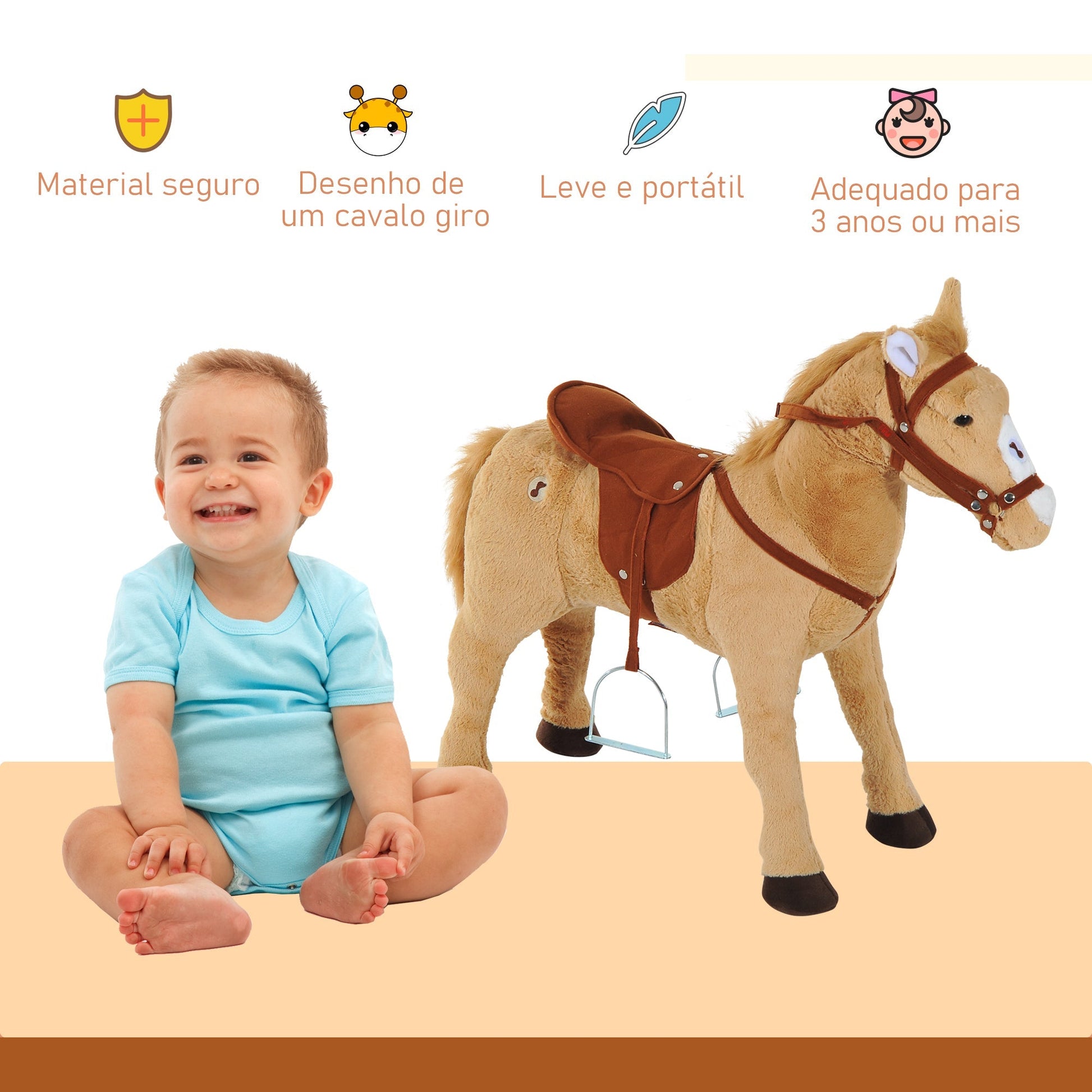 HOMCOM Cavalo de Brinquedo para Crianças de +3 Anos Cavalo de Brinquedo com Sons e Estrutura de Metal Carga 60kg 85x28x60 cm Bege - A minha loja