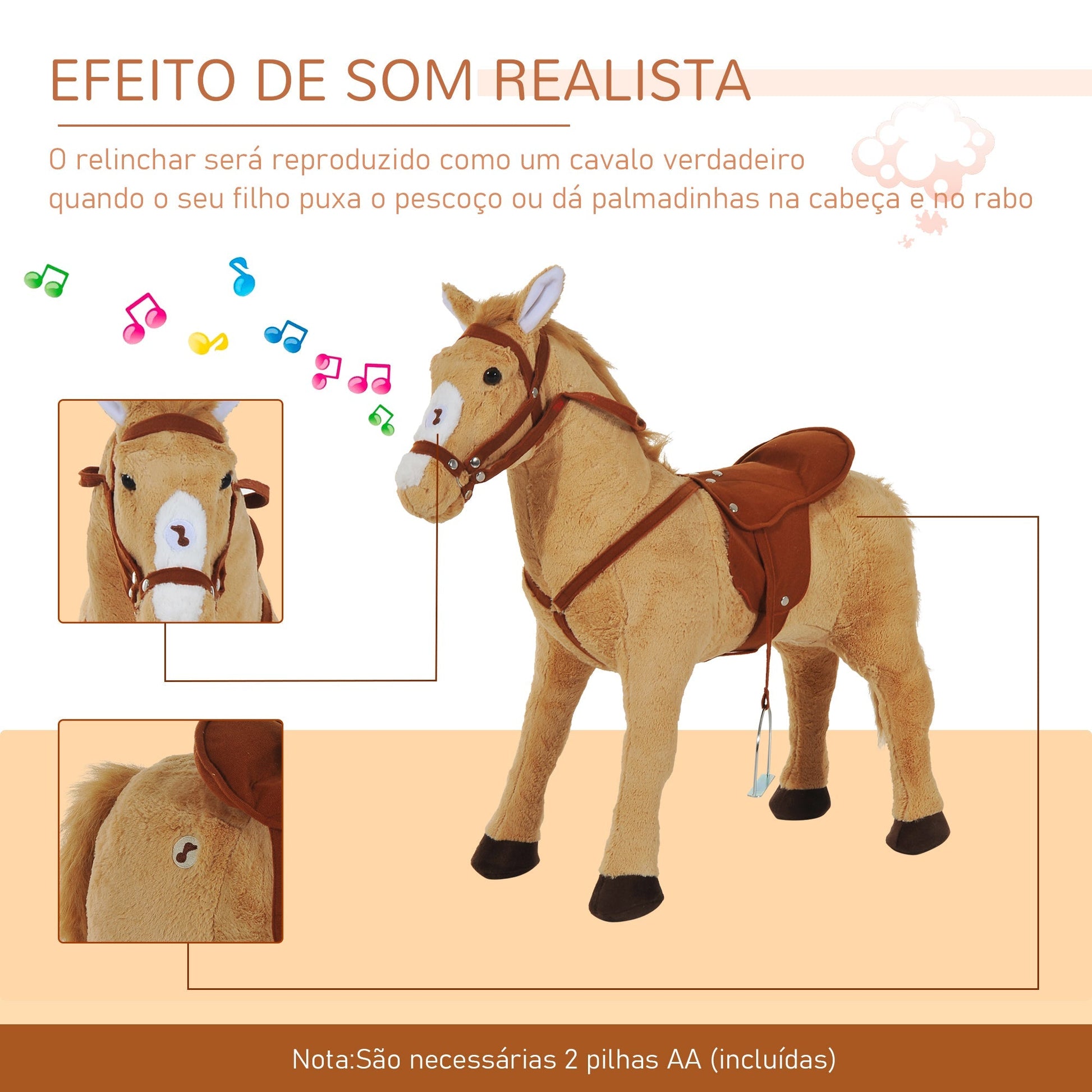 HOMCOM Cavalo de Brinquedo para Crianças de +3 Anos Cavalo de Brinquedo com Sons e Estrutura de Metal Carga 60kg 85x28x60 cm Bege - A minha loja