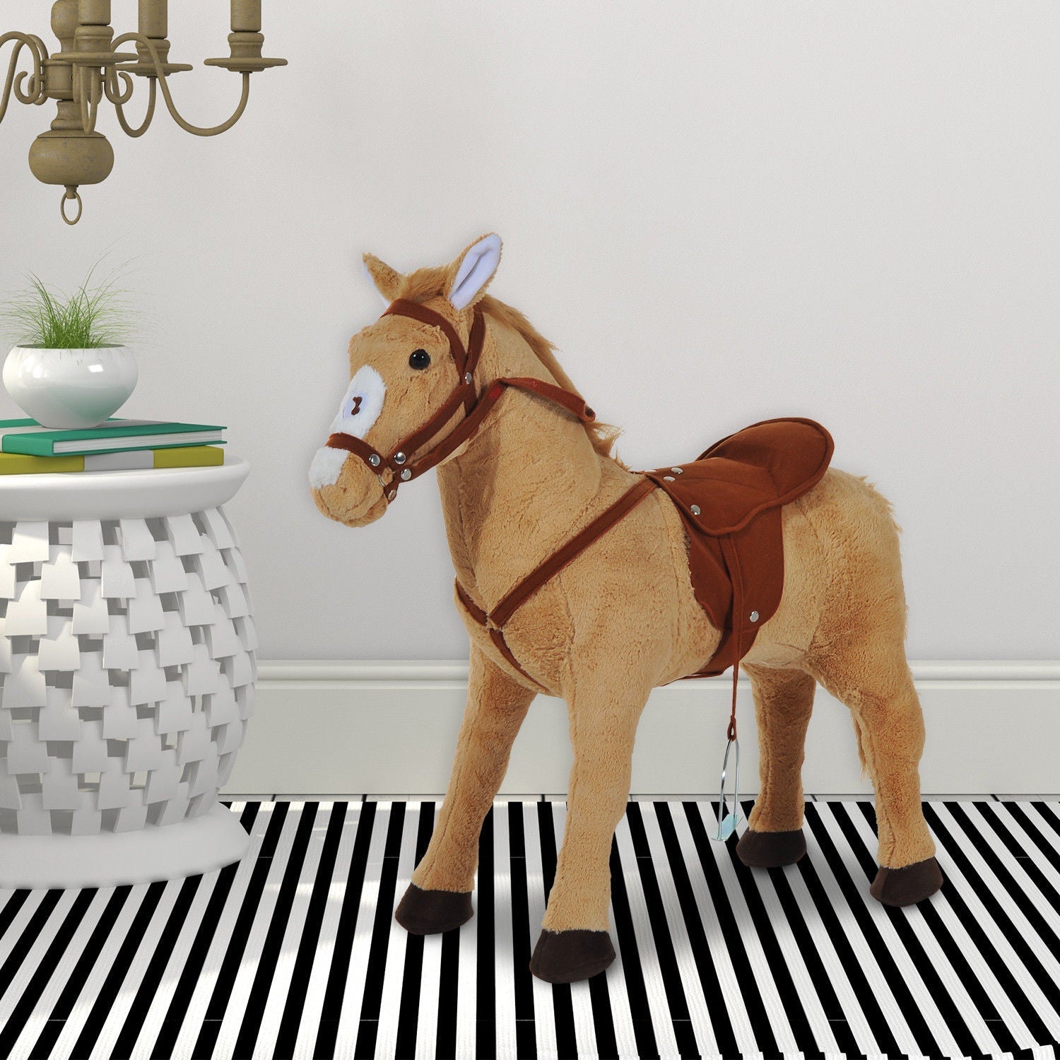 HOMCOM Cavalo de Brinquedo para Crianças de +3 Anos Cavalo de Brinquedo com Sons e Estrutura de Metal Carga 60kg 85x28x60 cm Bege - A minha loja