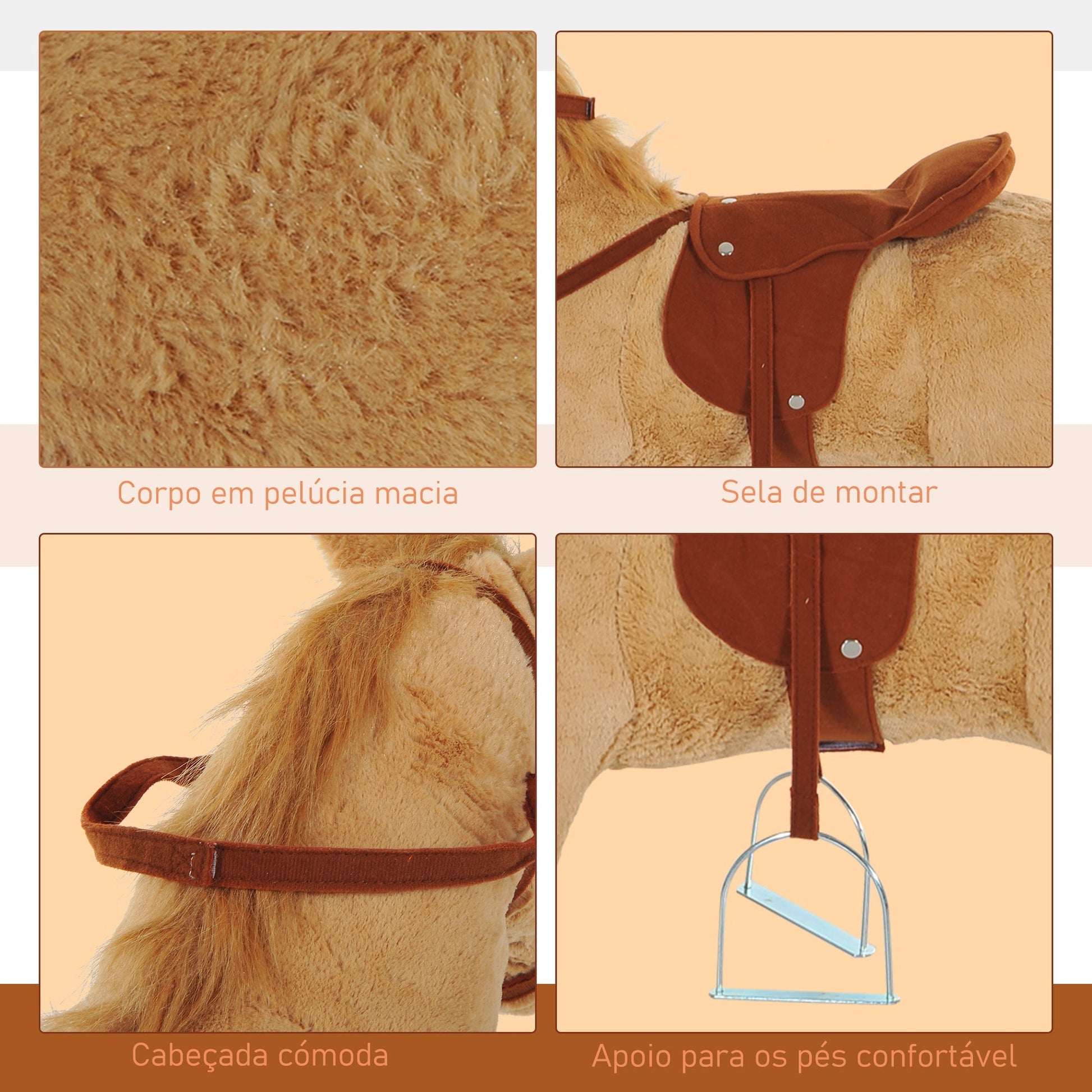 HOMCOM Cavalo de Brinquedo para Crianças de +3 Anos Cavalo de Brinquedo com Sons e Estrutura de Metal Carga 60kg 85x28x60 cm Bege - A minha loja