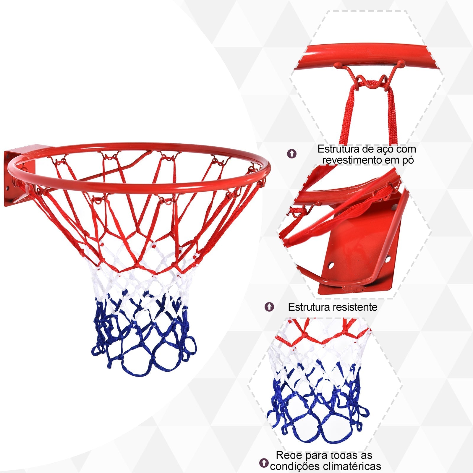 HOMCOM Cesta de Basquetebol de Parede Ø46 cm Aro de Basquetebol com Rede Estrutura Metálica 12 Ganchos para Interior e Exterior Vermelho - A minha loja