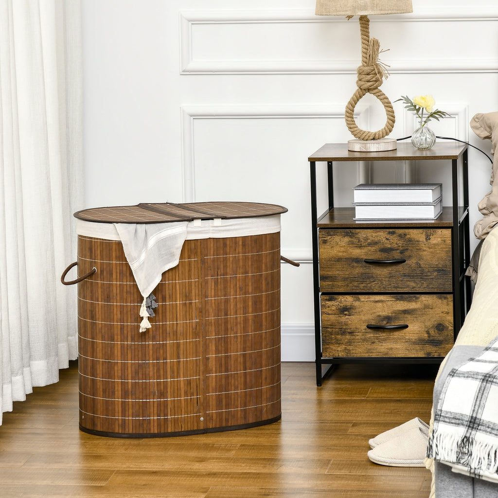 HOMCOM Cesto de Roupa de Bambu Capacidade de 100L Cesto para Roupa Suja com Tampa Rebatível e Bolsa com 2 Compartimentos Amovível 62,5x37x60,5cm Marrom - A minha loja