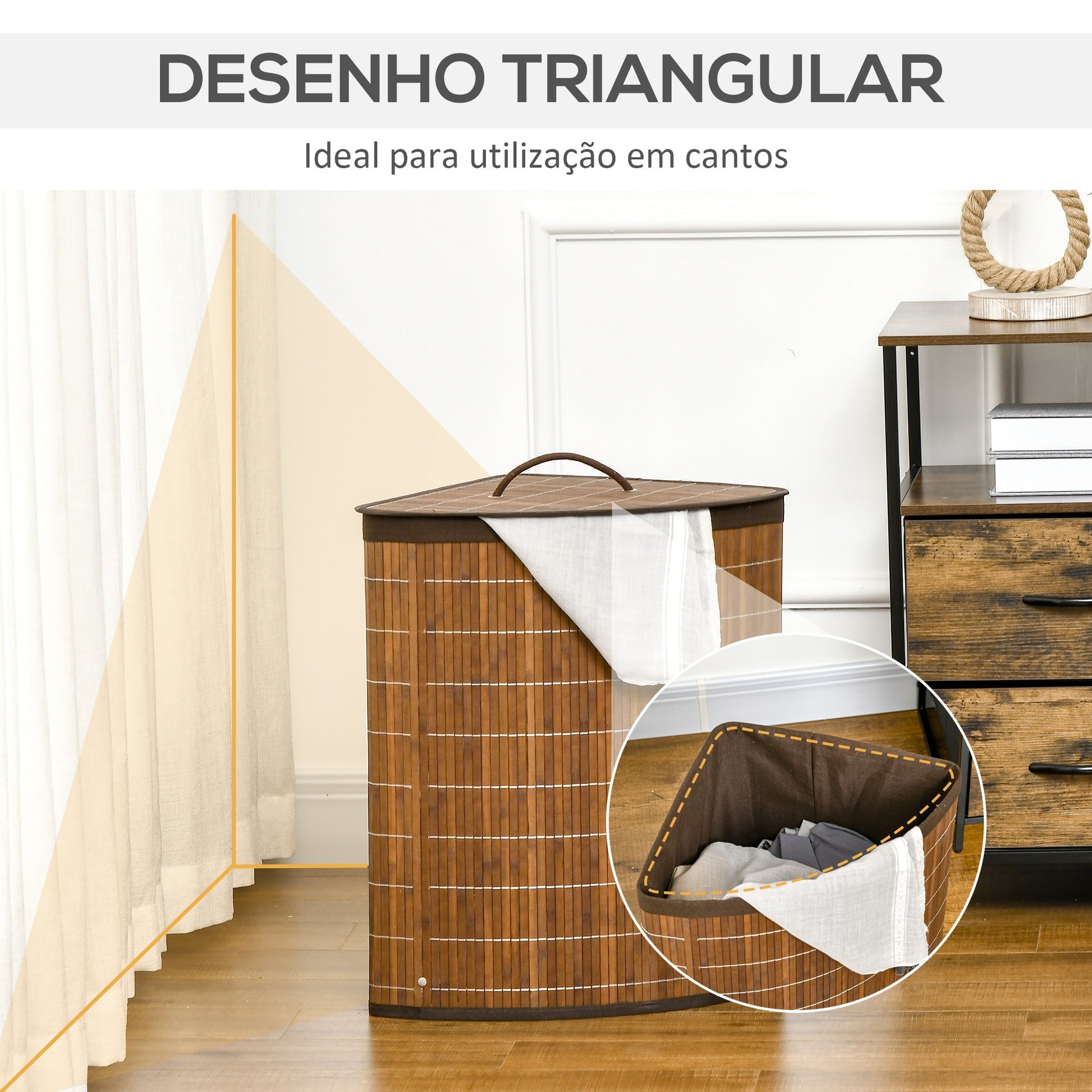 HOMCOM Cesto de Roupa de Bambu Capacidade de 55L Cesto para Roupa Suja em Forma de Leque com Tampa e Bolsa Amovível 38x38x57cm Marrom - A minha loja