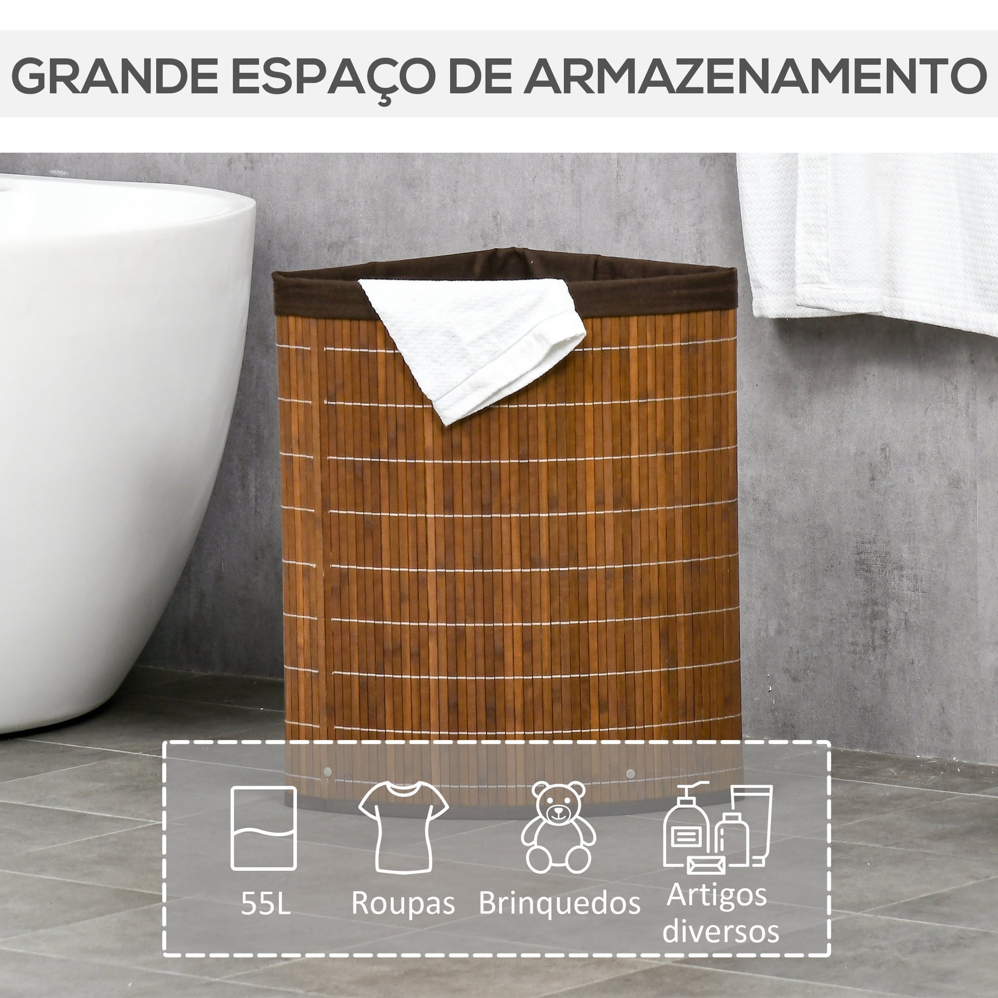 HOMCOM Cesto de Roupa de Bambu Capacidade de 55L Cesto para Roupa Suja em Forma de Leque com Tampa e Bolsa Amovível 38x38x57cm Marrom - A minha loja