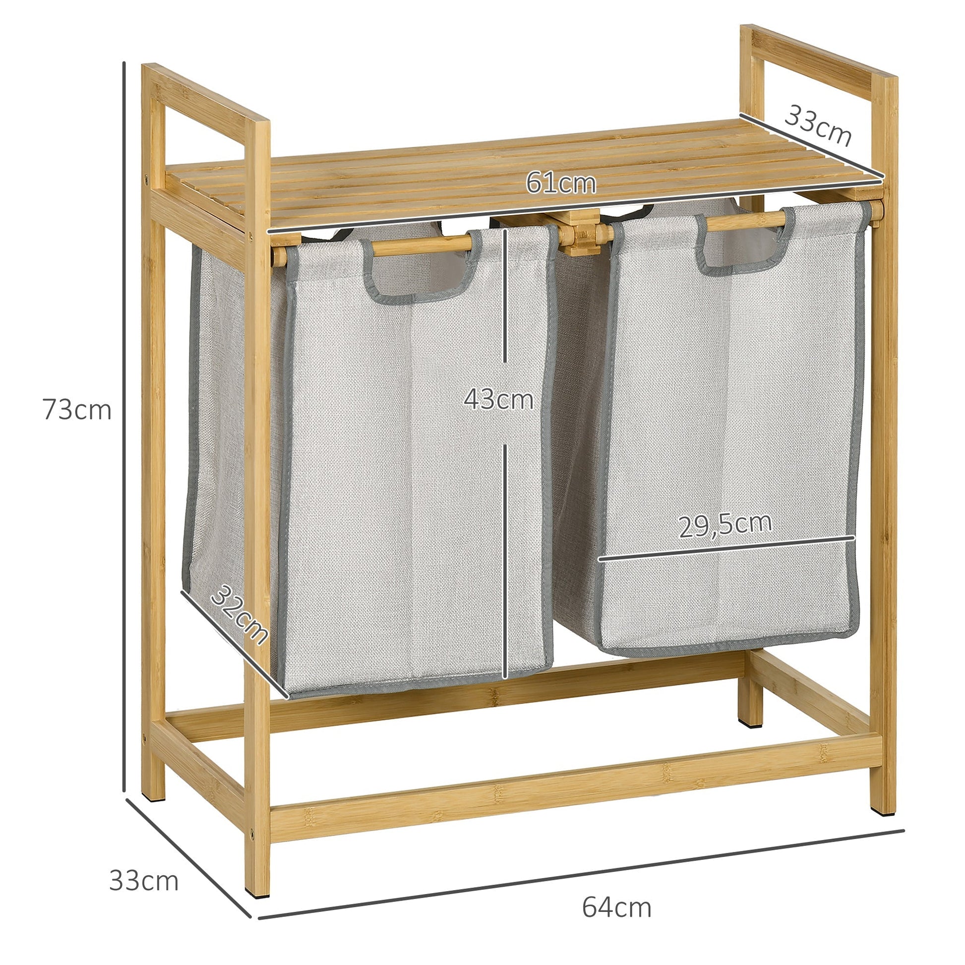 HOMCOM Cesto de Roupa de Bambu Cesto de Roupa Suja com 2 Bolsas Amovíveis e 2 Prateleiras Carga 20 kg 2x40,6L para Casa de Banho Dormitório 64x33x73 cm Madeira - A minha loja