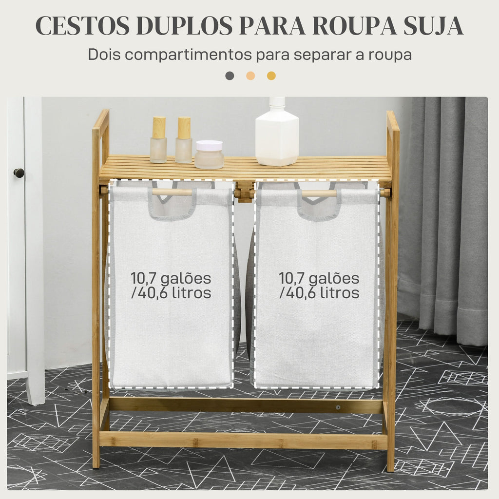 HOMCOM Cesto de Roupa de Bambu Cesto de Roupa Suja com 2 Bolsas Amovíveis e 2 Prateleiras Carga 20 kg 2x40,6L para Casa de Banho Dormitório 64x33x73 cm Madeira - A minha loja