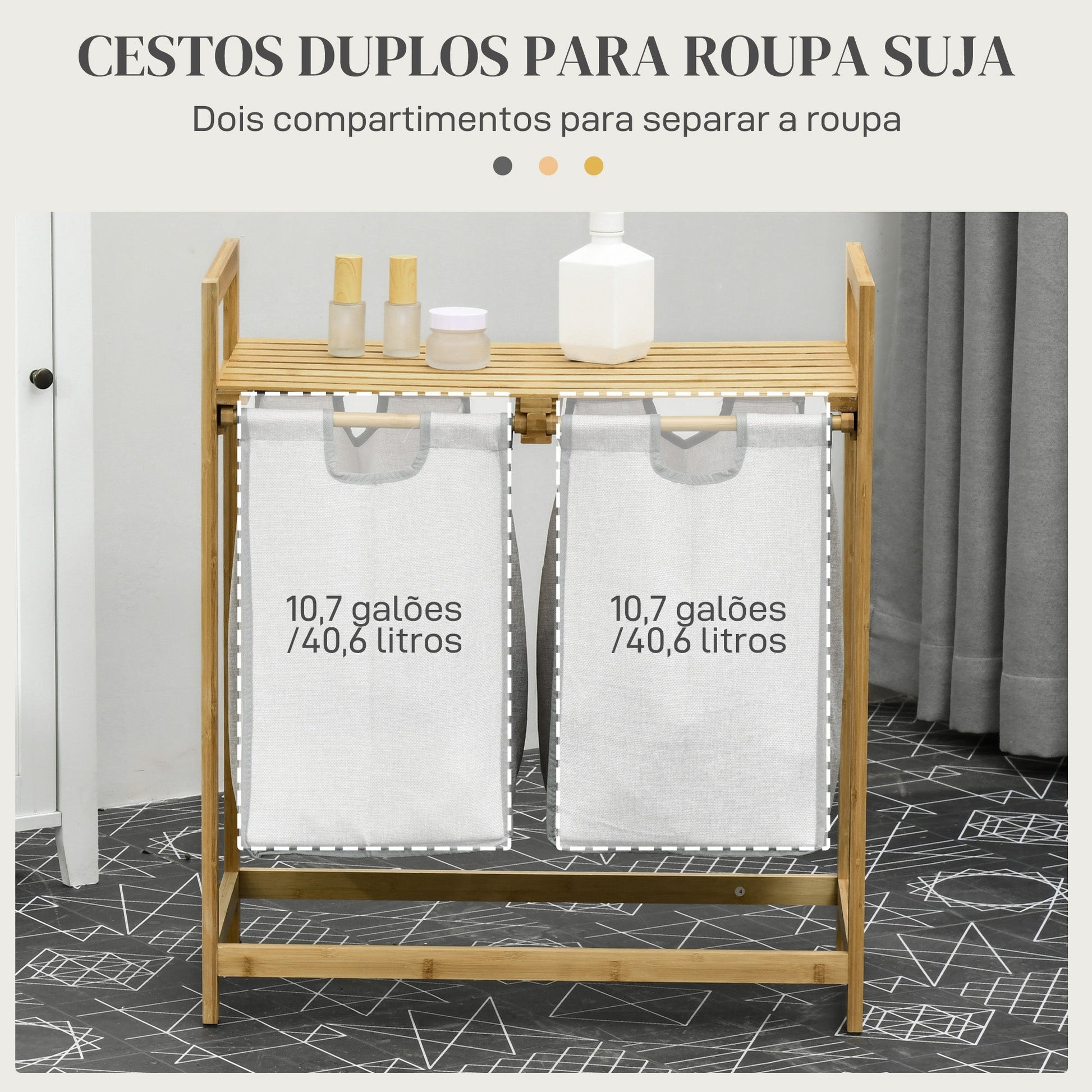 HOMCOM Cesto de Roupa de Bambu Cesto de Roupa Suja com 2 Bolsas Amovíveis e 2 Prateleiras Carga 20 kg 2x40,6L para Casa de Banho Dormitório 64x33x73 cm Madeira - A minha loja