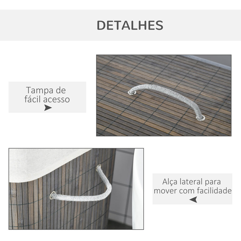 HOMCOM Cesto para Roupa Suja de Bambú Capacidade de 100L Cesta para Roupa Suja Retangular com Tampa Removível Bolsa com 2 Compartimentos 52x32x63 cm Cinza - A minha loja