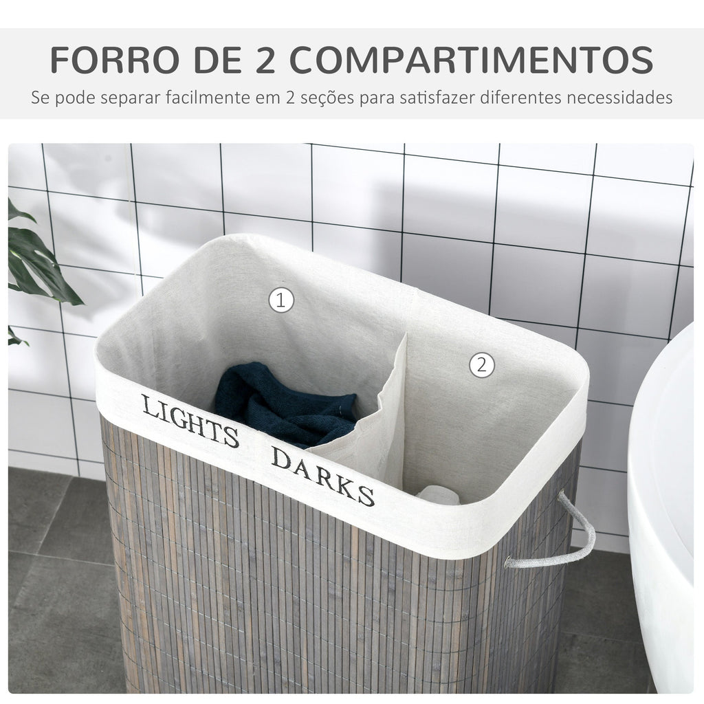 HOMCOM Cesto para Roupa Suja de Bambú Capacidade de 100L Cesta para Roupa Suja Retangular com Tampa Removível Bolsa com 2 Compartimentos 52x32x63 cm Cinza - A minha loja