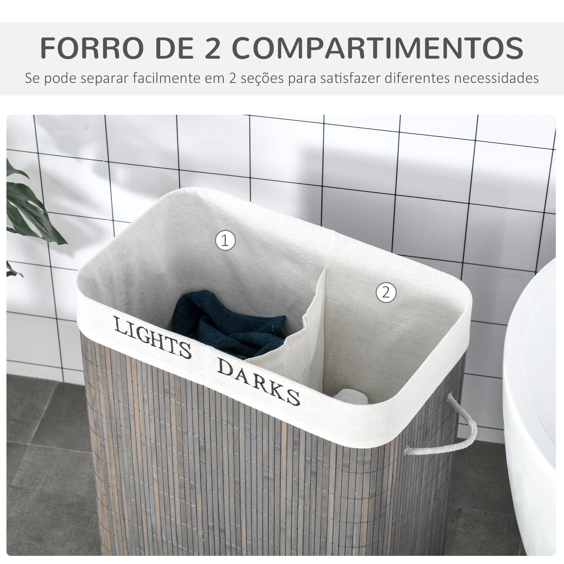 HOMCOM Cesto para Roupa Suja de Bambú Capacidade de 100L Cesta para Roupa Suja Retangular com Tampa Removível Bolsa com 2 Compartimentos 52x32x63 cm Cinza - A minha loja