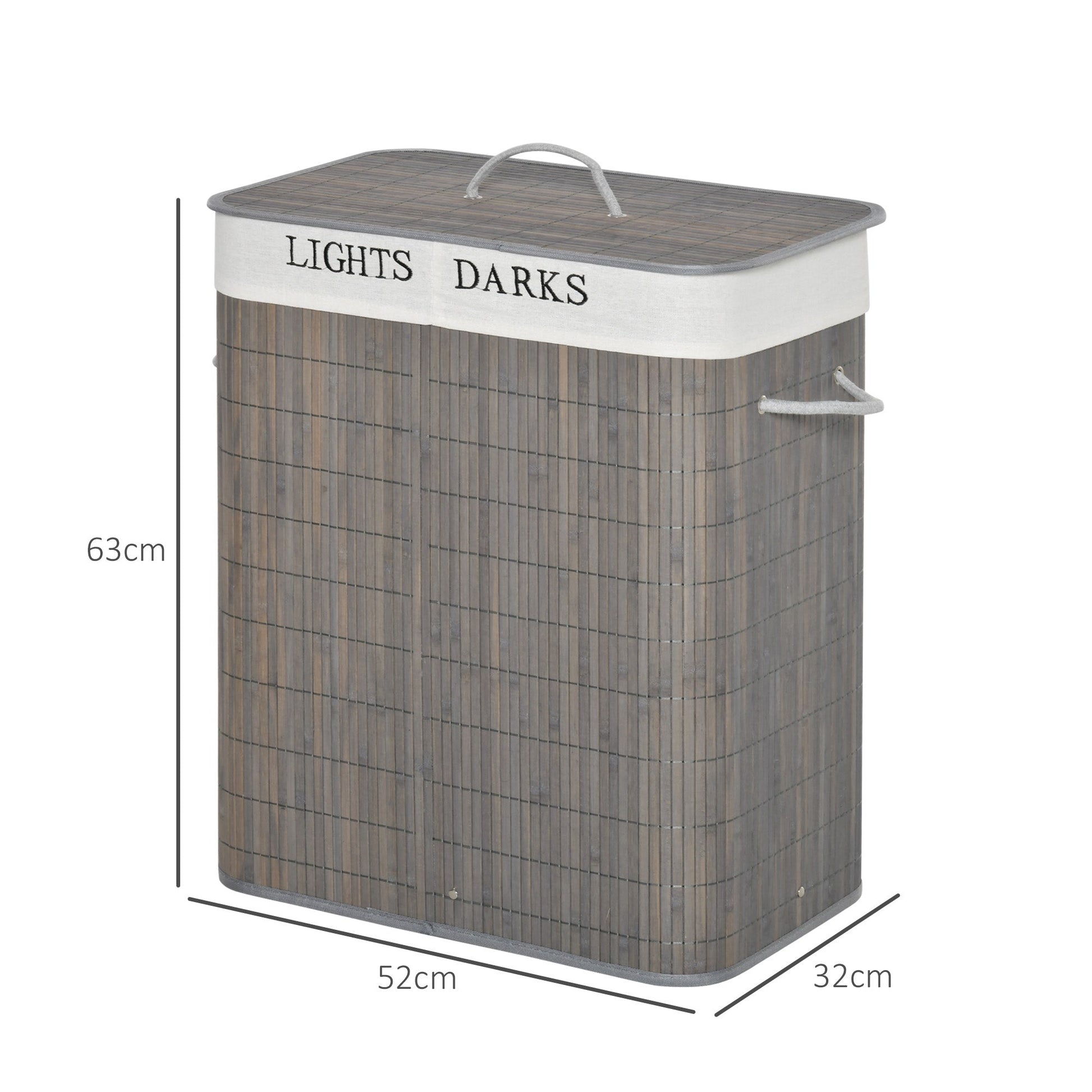 HOMCOM Cesto para Roupa Suja de Bambú Capacidade de 100L Cesta para Roupa Suja Retangular com Tampa Removível Bolsa com 2 Compartimentos 52x32x63 cm Cinza - A minha loja