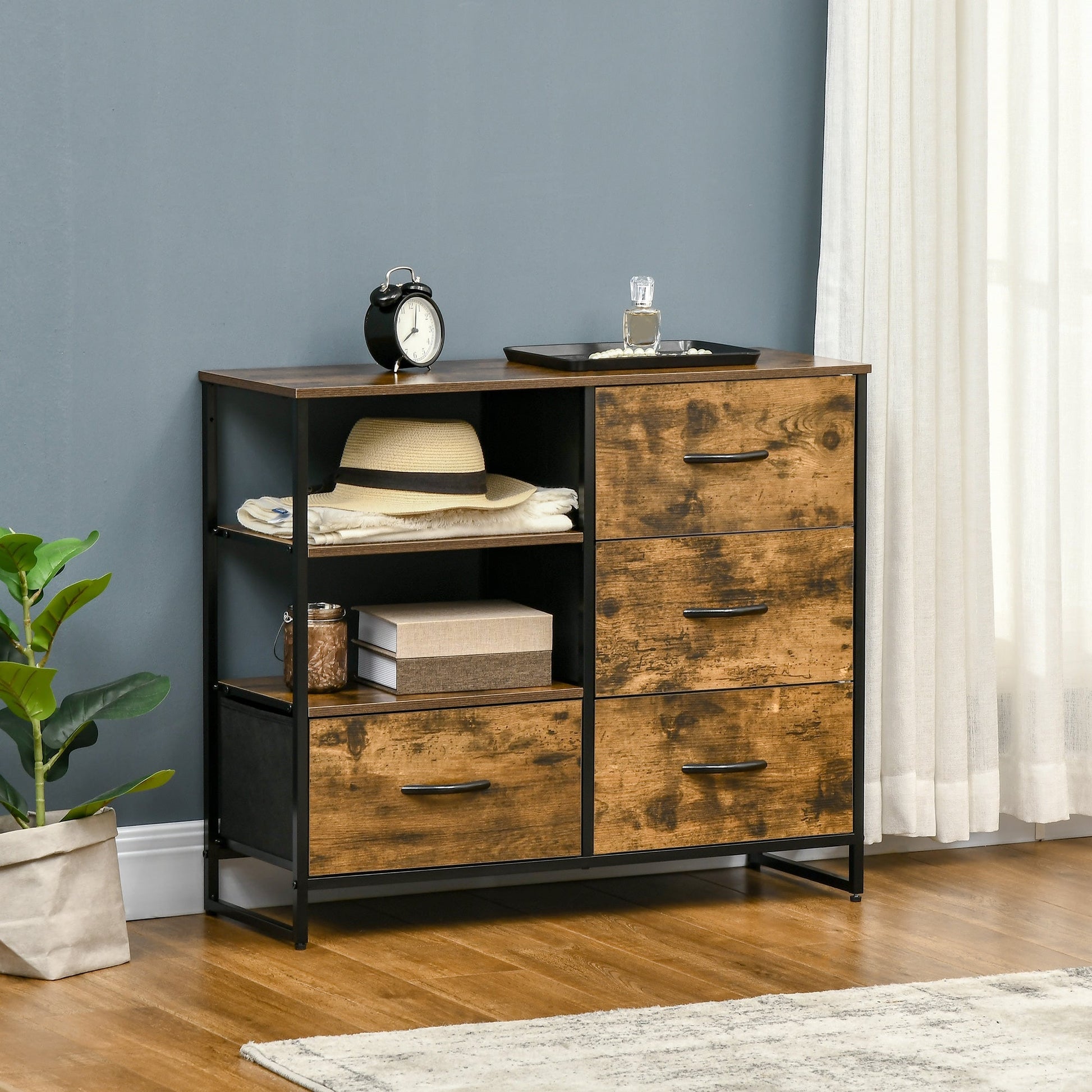HOMCOM Cómoda com 4 Gavetas de Tecido Dobrável e 2 Prateleiras Abertas Armário de Armazenamento para Escritório Dormitório Estilo Industrial Anti - Tombo 84x30x71,4cm Marrom Rústico - A minha loja