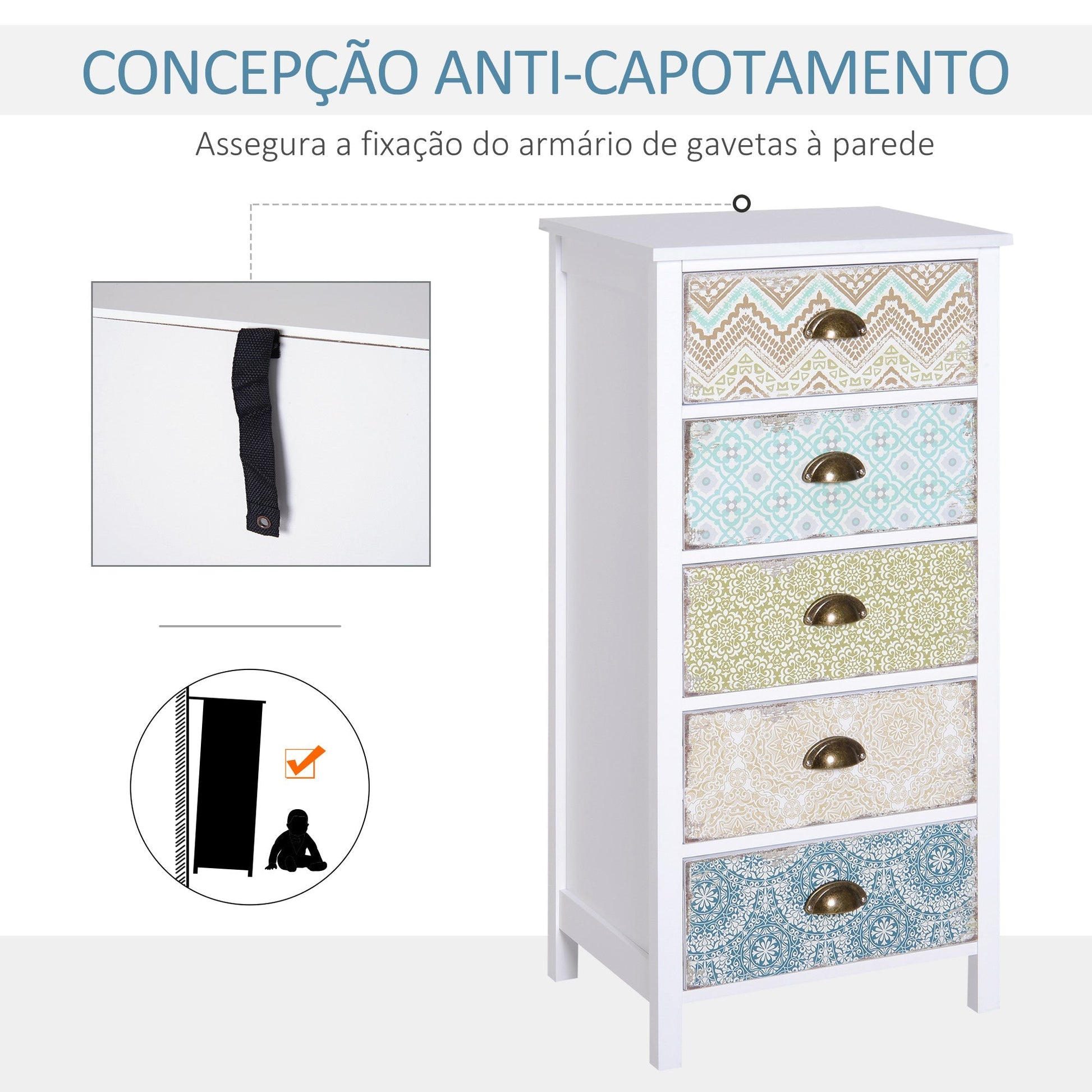 HOMCOM Cómoda de Dormitório Moderna Cómoda de Madeira com 5 Gavetas com Diferentes Padrões Móvel Cómoda para Sala de Estar Escritório 46x34x97,5 cm Multicor - A minha loja