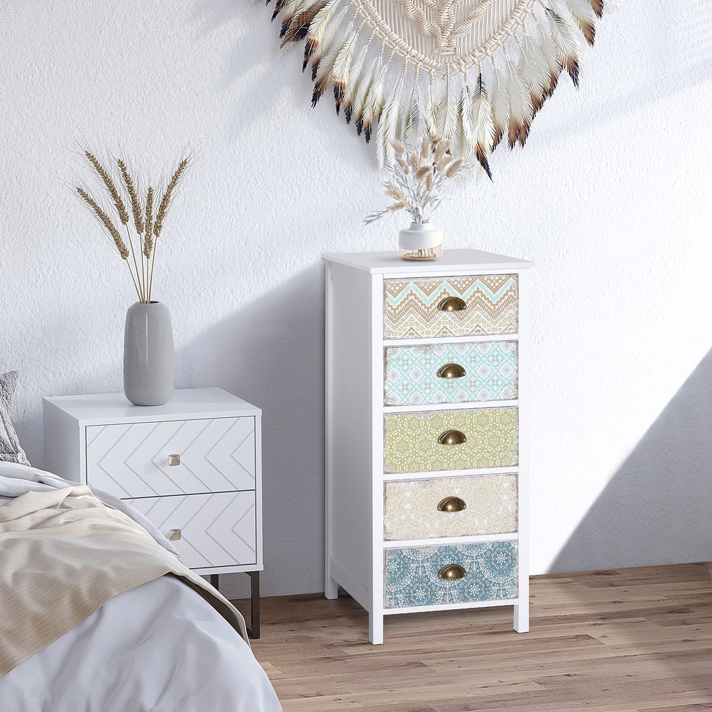 HOMCOM Cómoda de Dormitório Moderna Cómoda de Madeira com 5 Gavetas com Diferentes Padrões Móvel Cómoda para Sala de Estar Escritório 46x34x97,5 cm Multicor - A minha loja