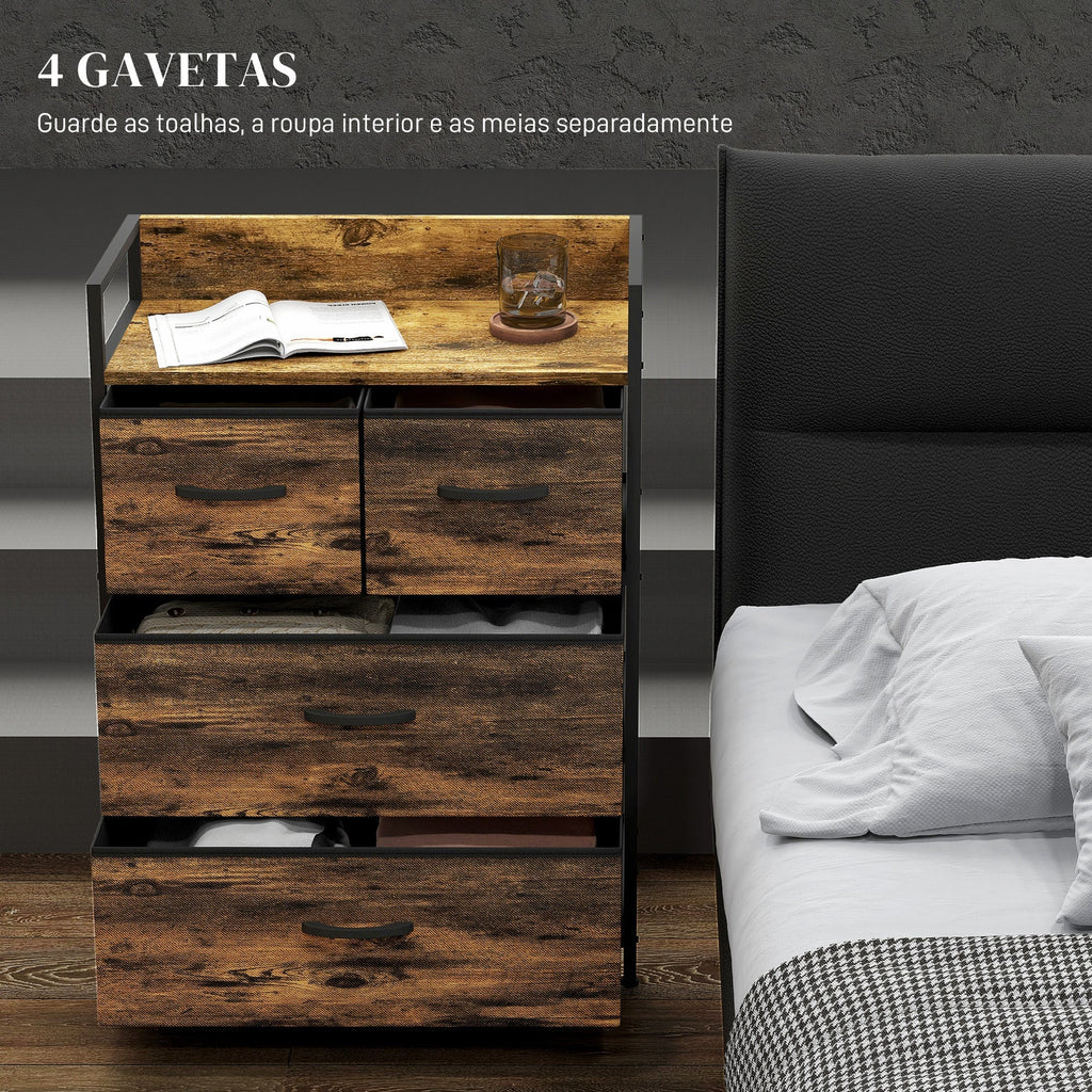 HOMCOM Cómoda de Quarto Armário de Armazenamento com 4 Gavetas Dobráveis Prateleira Aberta e Estrutura de Aço para Sala Entrada 60x29x85 cm Castanho Rústico - A minha loja