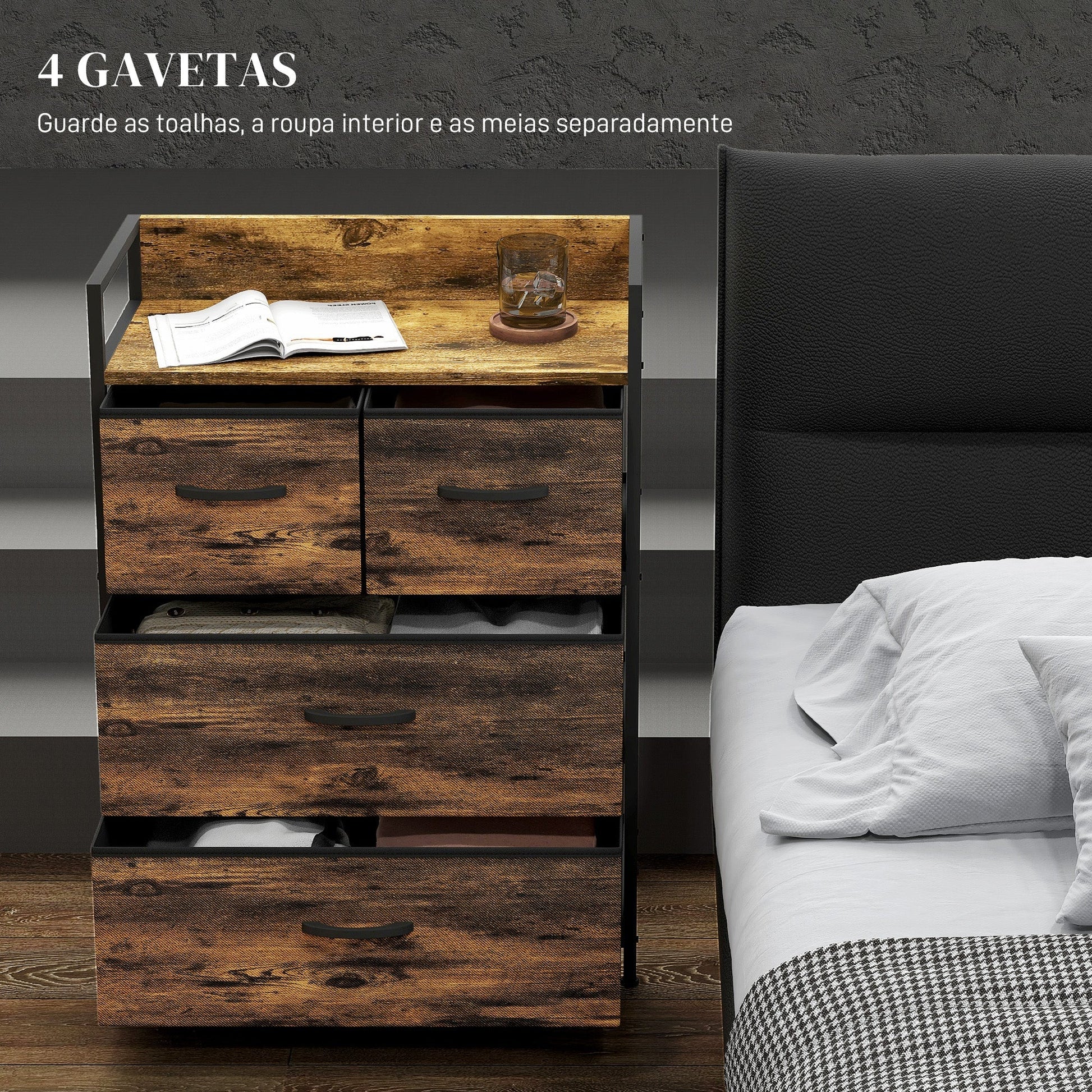 HOMCOM Cómoda de Quarto Armário de Armazenamento com 4 Gavetas Dobráveis Prateleira Aberta e Estrutura de Aço para Sala Entrada 60x29x85 cm Castanho Rústico - A minha loja
