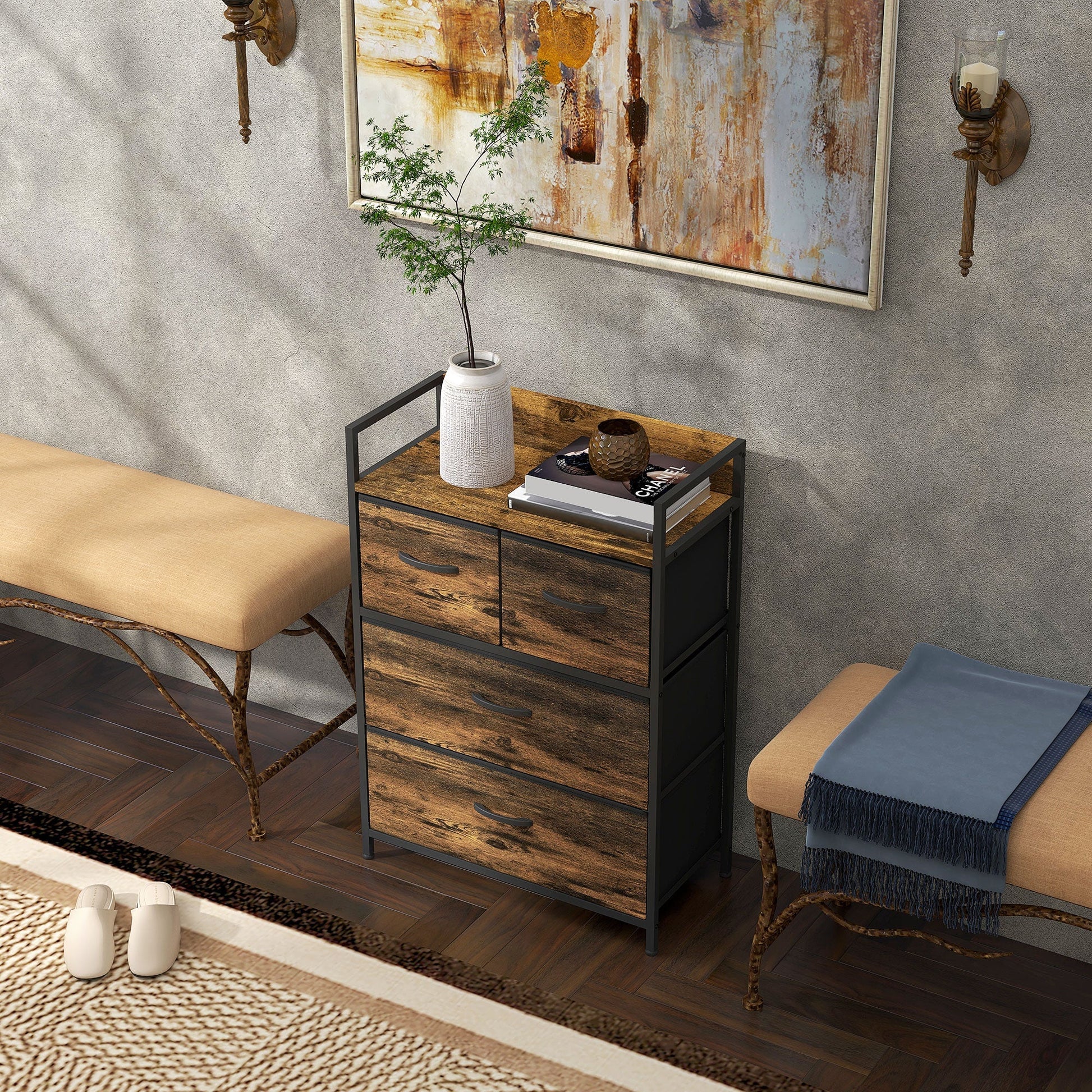 HOMCOM Cómoda de Quarto Armário de Armazenamento com 4 Gavetas Dobráveis Prateleira Aberta e Estrutura de Aço para Sala Entrada 60x29x85 cm Castanho Rústico - A minha loja