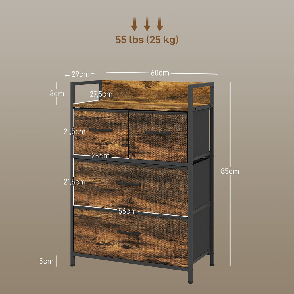 HOMCOM Cómoda de Quarto Armário de Armazenamento com 4 Gavetas Dobráveis Prateleira Aberta e Estrutura de Aço para Sala Entrada 60x29x85 cm Castanho Rústico - A minha loja