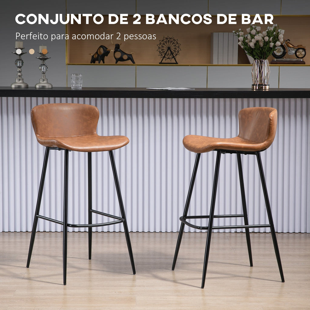 HOMCOM Conjunto de 2 Bancos Altos de Cozinha Bancos Altos de Cozinha com Encosto Estofado em PU Carga 120 kg para Bar Sala de Jantar 45x49x94,6 cm Marrom - A minha loja