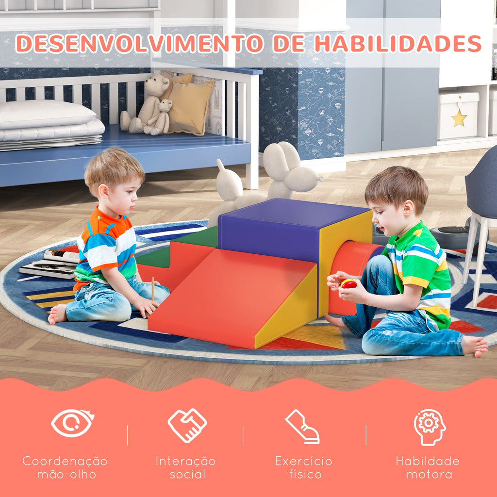 HOMCOM Conjunto de 4 Blocos de Espuma para Crianças de 1 - 3 Anos Figuras de Construção Brinquedo de Aprendizagem Infantil Estofado em PU 150x50x39cm Multicor - A minha loja