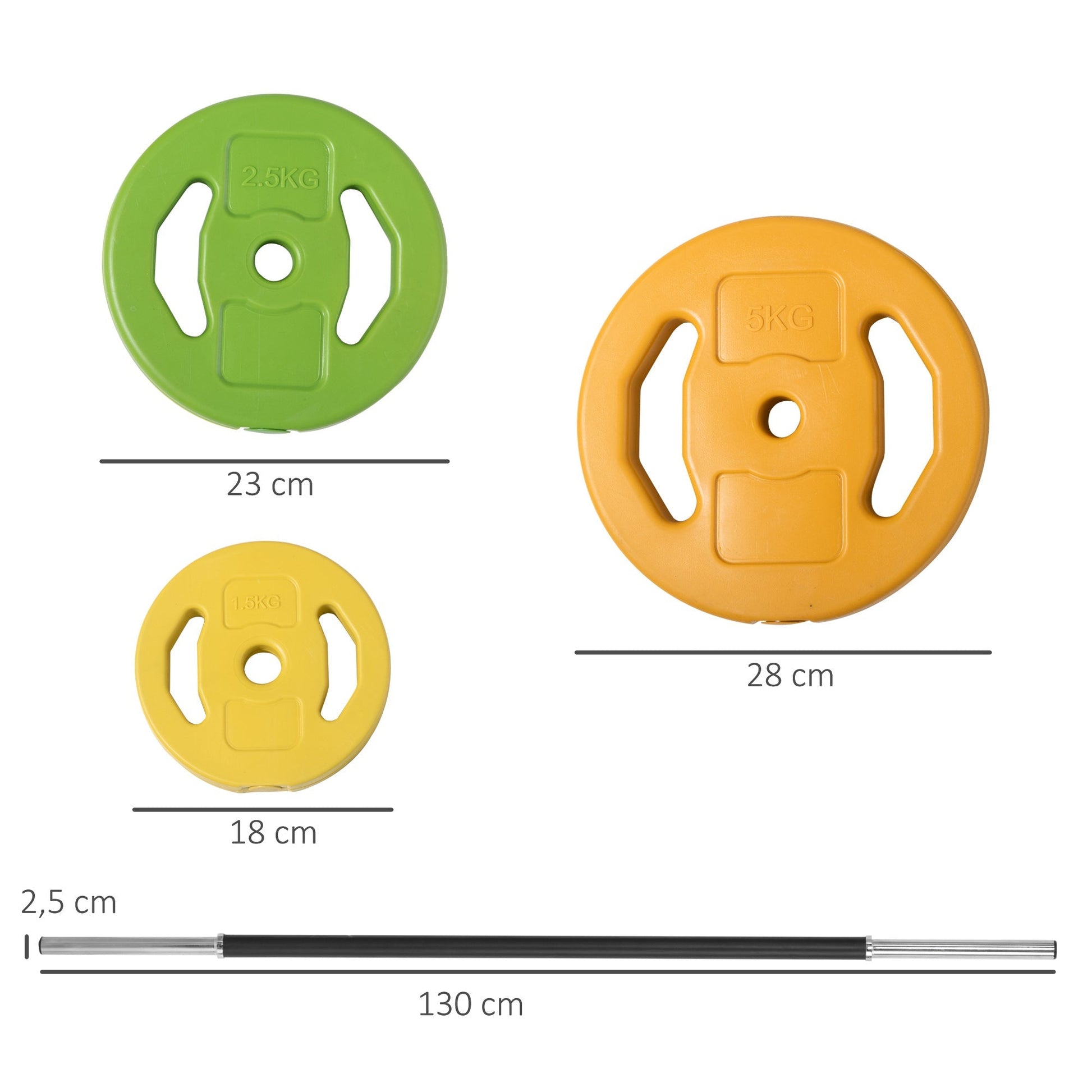 HOMCOM Conjunto de Barra de Pesos Conjunto de Musculação com 6 Discos de Pesos 1,5kg 2,5kg 5 kg Intercambiáveis para Treino de Força Braços em Ginásio Casa 130x28x28 cm Multicor - A minha loja
