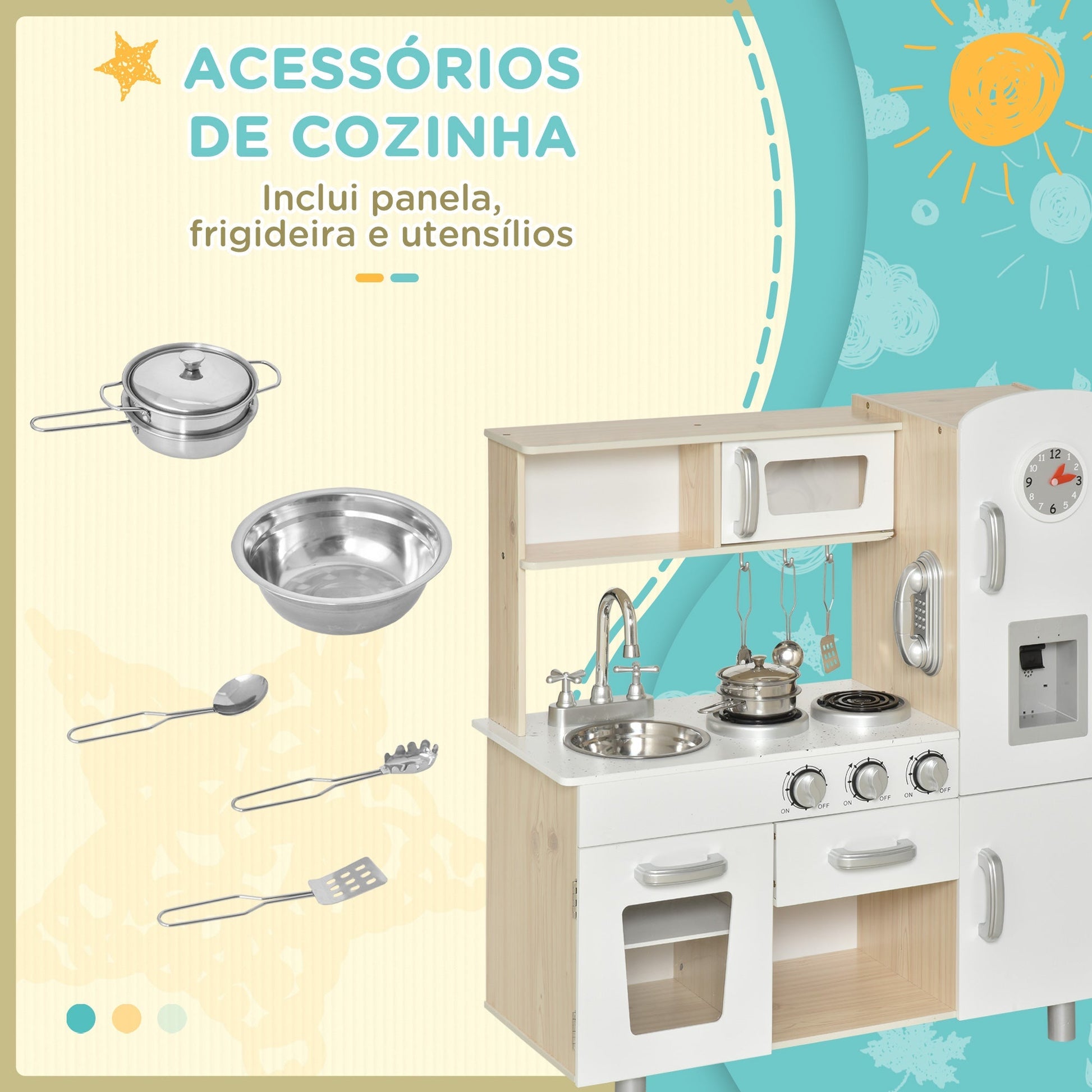 HOMCOM conjunto de brinquedo de cozinha para crianças acima de 3 anos inclui acessorios 74x30x81cm Branco - A minha loja