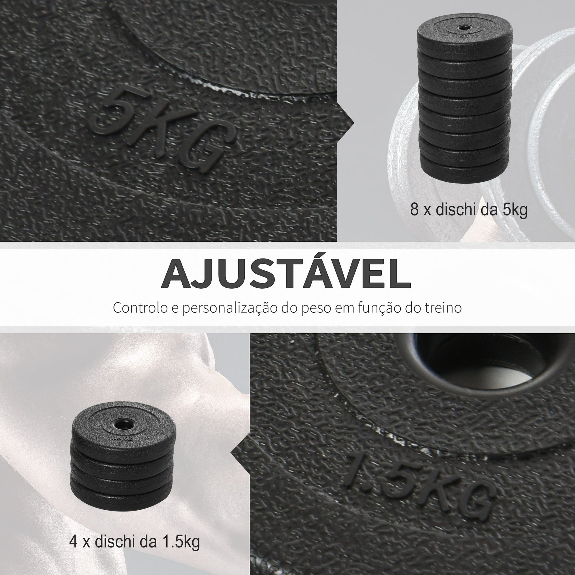 HOMCOM Conjunto de Halteres Ajustáveis Conjunto de Pesos 8x5kg 4x1,5kg e 2 Barras Total 50 kg para Treinos em Casa Ginásio Escritório Preto - A minha loja