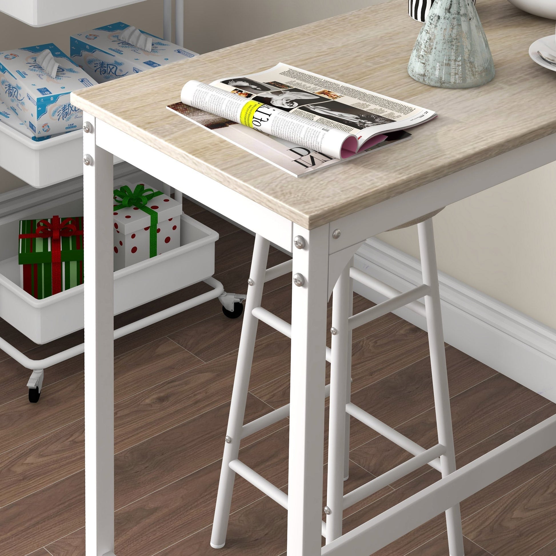 HOMCOM Conjunto de Mesa Alta de Bar com 2 Bancos Mesa Alta de Cozinha com Bancos Estrutura em Aço Mesa Alta Estilo Industrial para Sala de Jantar Natural e Branco - A minha loja