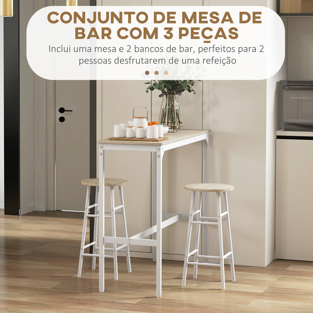 HOMCOM Conjunto de Mesa Alta de Bar com 2 Bancos Mesa Alta de Cozinha com Bancos Estrutura em Aço Mesa Alta Estilo Industrial para Sala de Jantar Natural e Branco - A minha loja