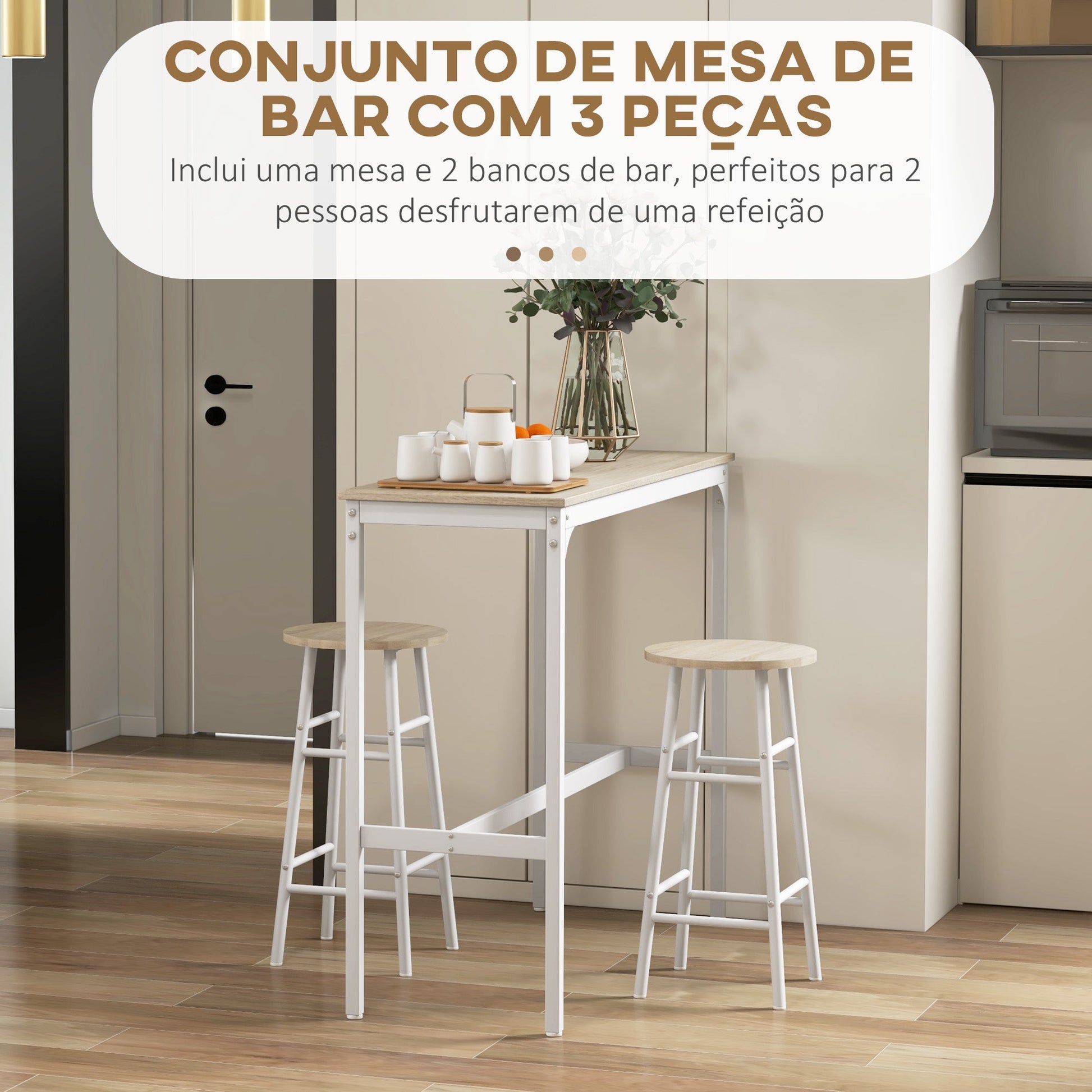 HOMCOM Conjunto de Mesa Alta de Bar com 2 Bancos Mesa Alta de Cozinha com Bancos Estrutura em Aço Mesa Alta Estilo Industrial para Sala de Jantar Natural e Branco - A minha loja