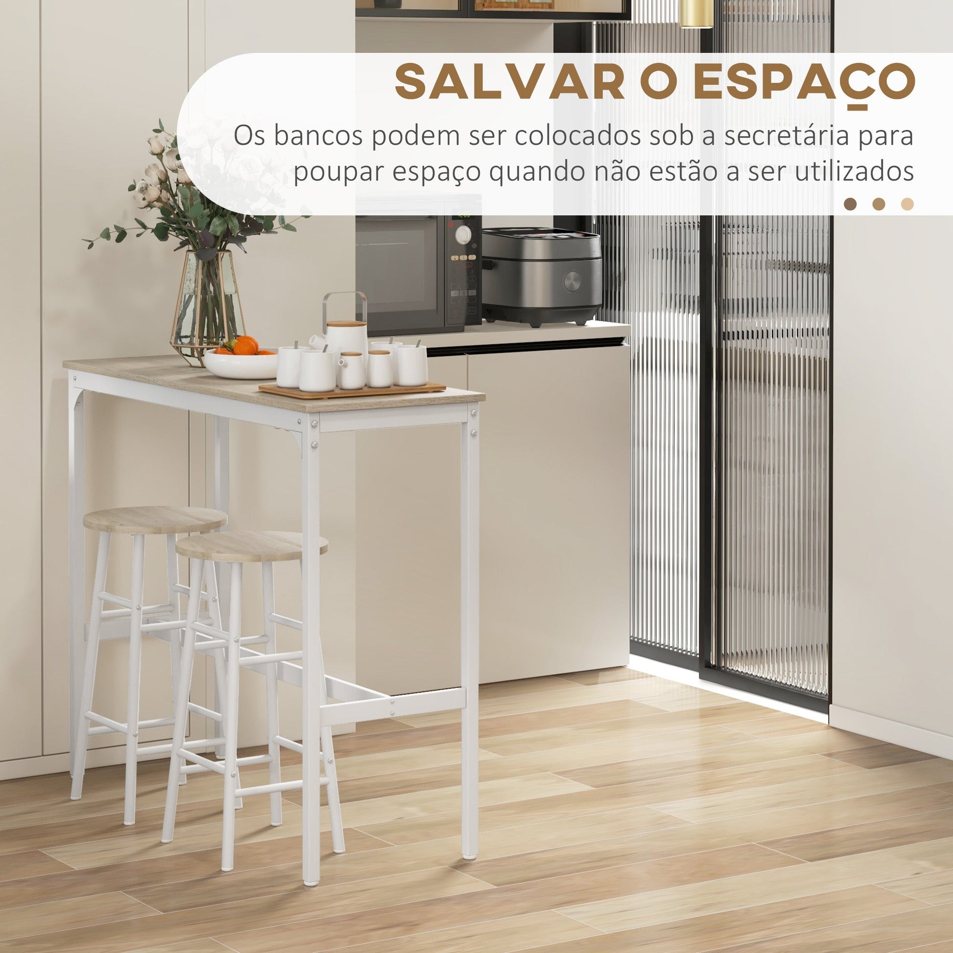 HOMCOM Conjunto de Mesa Alta de Bar com 2 Bancos Mesa Alta de Cozinha com Bancos Estrutura em Aço Mesa Alta Estilo Industrial para Sala de Jantar Natural e Branco - A minha loja