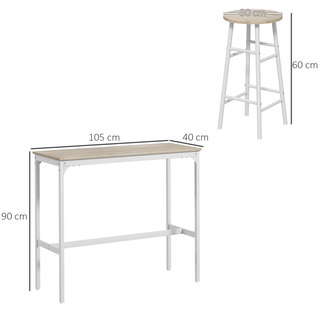 HOMCOM Conjunto de Mesa Alta de Bar com 2 Bancos Mesa Alta de Cozinha com Bancos Estrutura em Aço Mesa Alta Estilo Industrial para Sala de Jantar Natural e Branco - A minha loja