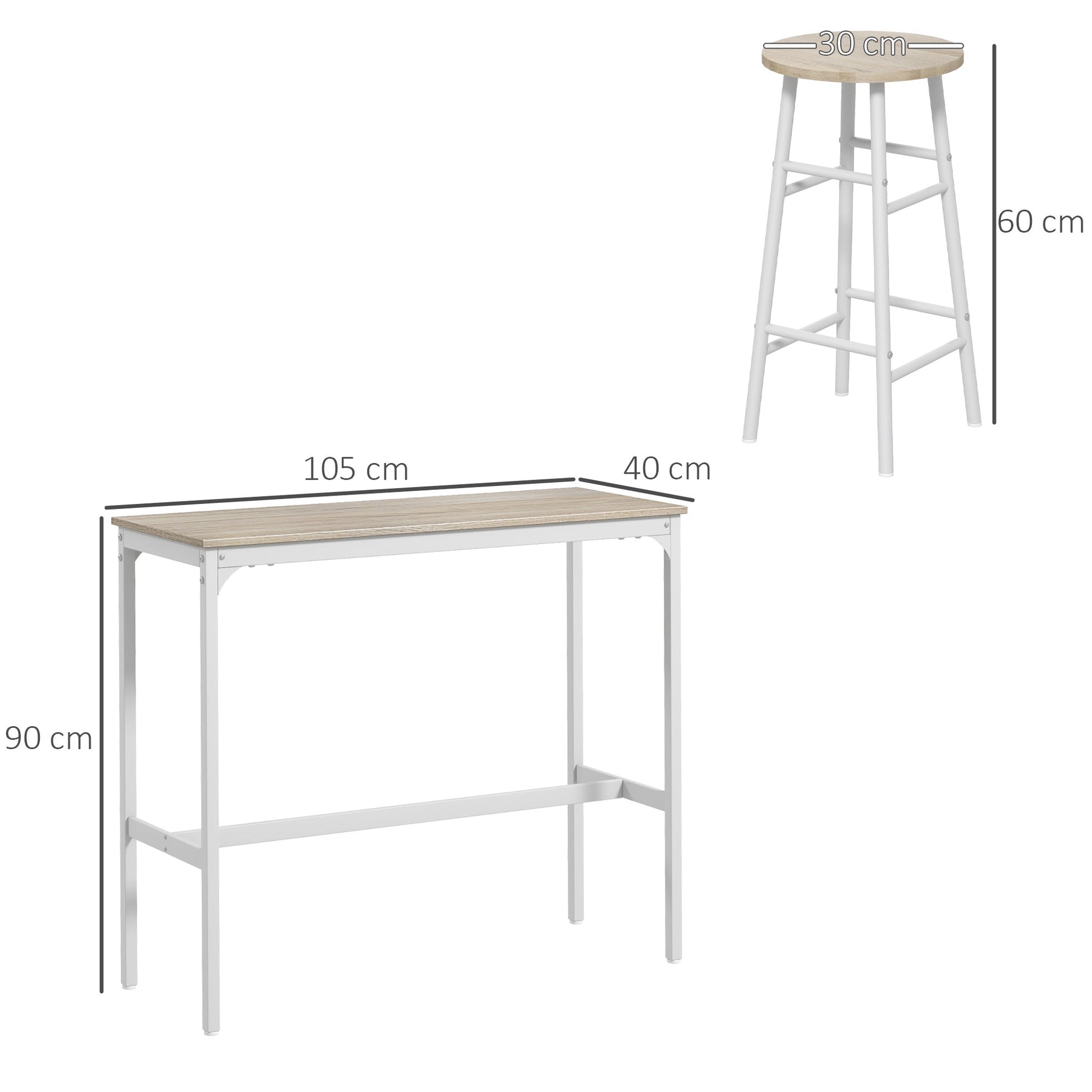 HOMCOM Conjunto de Mesa Alta de Bar com 2 Bancos Mesa Alta de Cozinha com Bancos Estrutura em Aço Mesa Alta Estilo Industrial para Sala de Jantar Natural e Branco - A minha loja