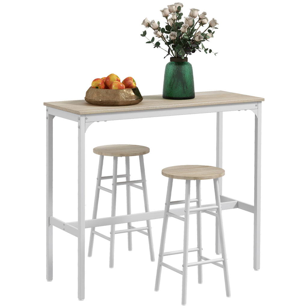 HOMCOM Conjunto de Mesa Alta de Bar com 2 Bancos Mesa Alta de Cozinha com Bancos Estrutura em Aço Mesa Alta Estilo Industrial para Sala de Jantar Natural e Branco - A minha loja