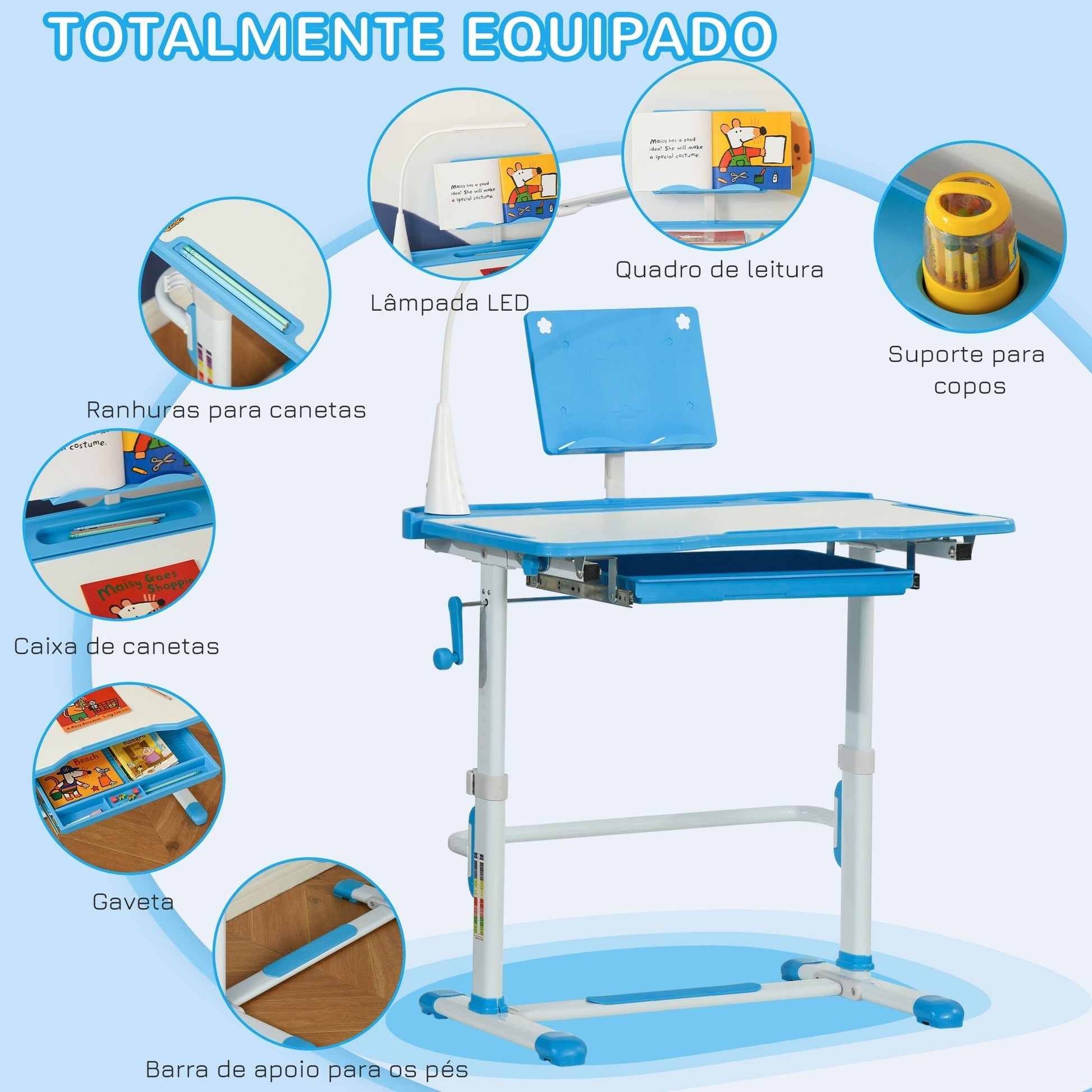 HOMCOM Conjunto de Secretária e Cadeira para Crianças acima de 3 Anos Secretária Infantil com Altura Ajustável Mesa Inclinável Gaveta Lâmpada LED e Suporte para Lápis 80x49,5x80 - 105cm e 36x34x60 - 73 cm Azul - A minha loja