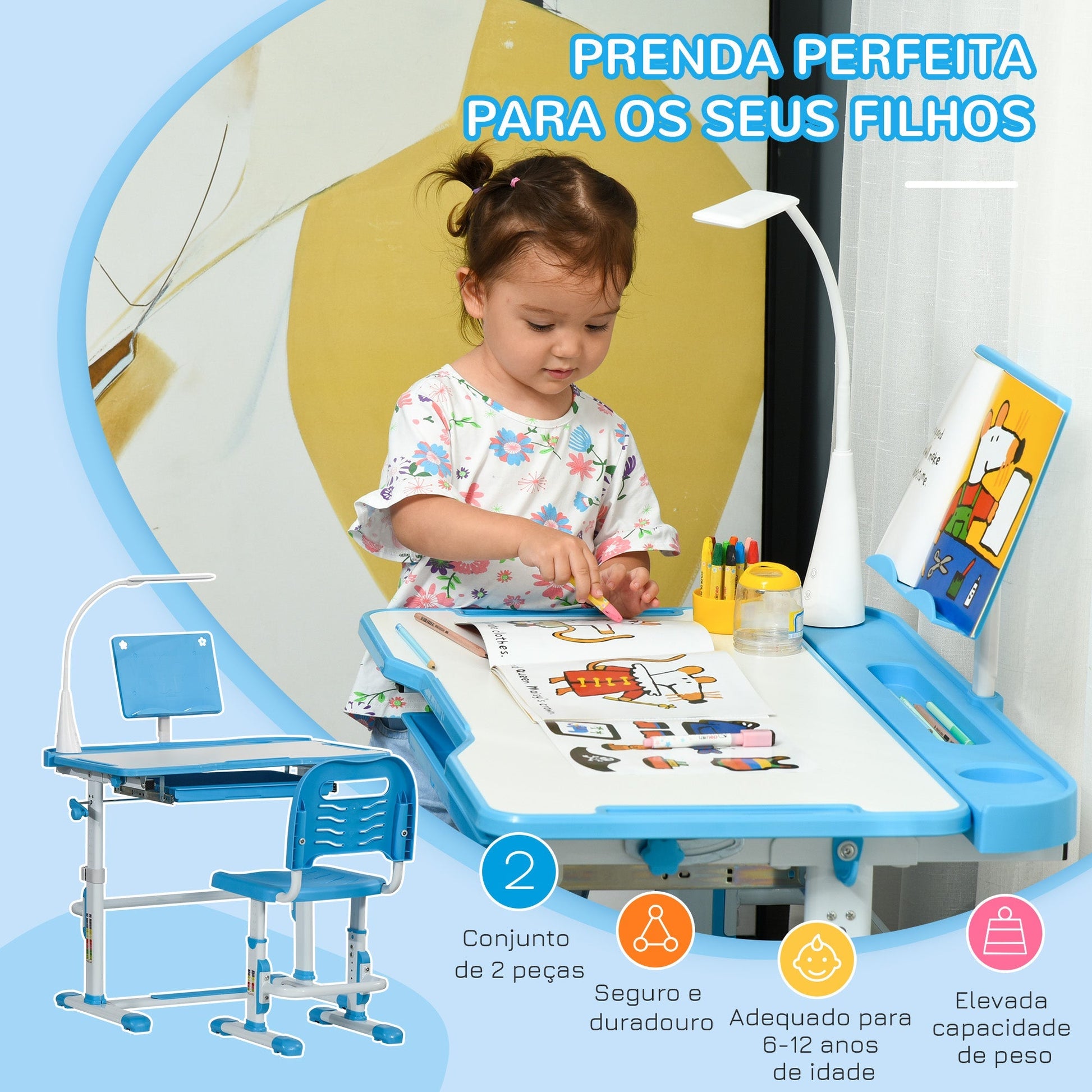 HOMCOM Conjunto de Secretária e Cadeira para Crianças acima de 3 Anos Secretária Infantil com Altura Ajustável Mesa Inclinável Gaveta Lâmpada LED e Suporte para Lápis 80x49,5x80 - 105cm e 36x34x60 - 73 cm Azul - A minha loja