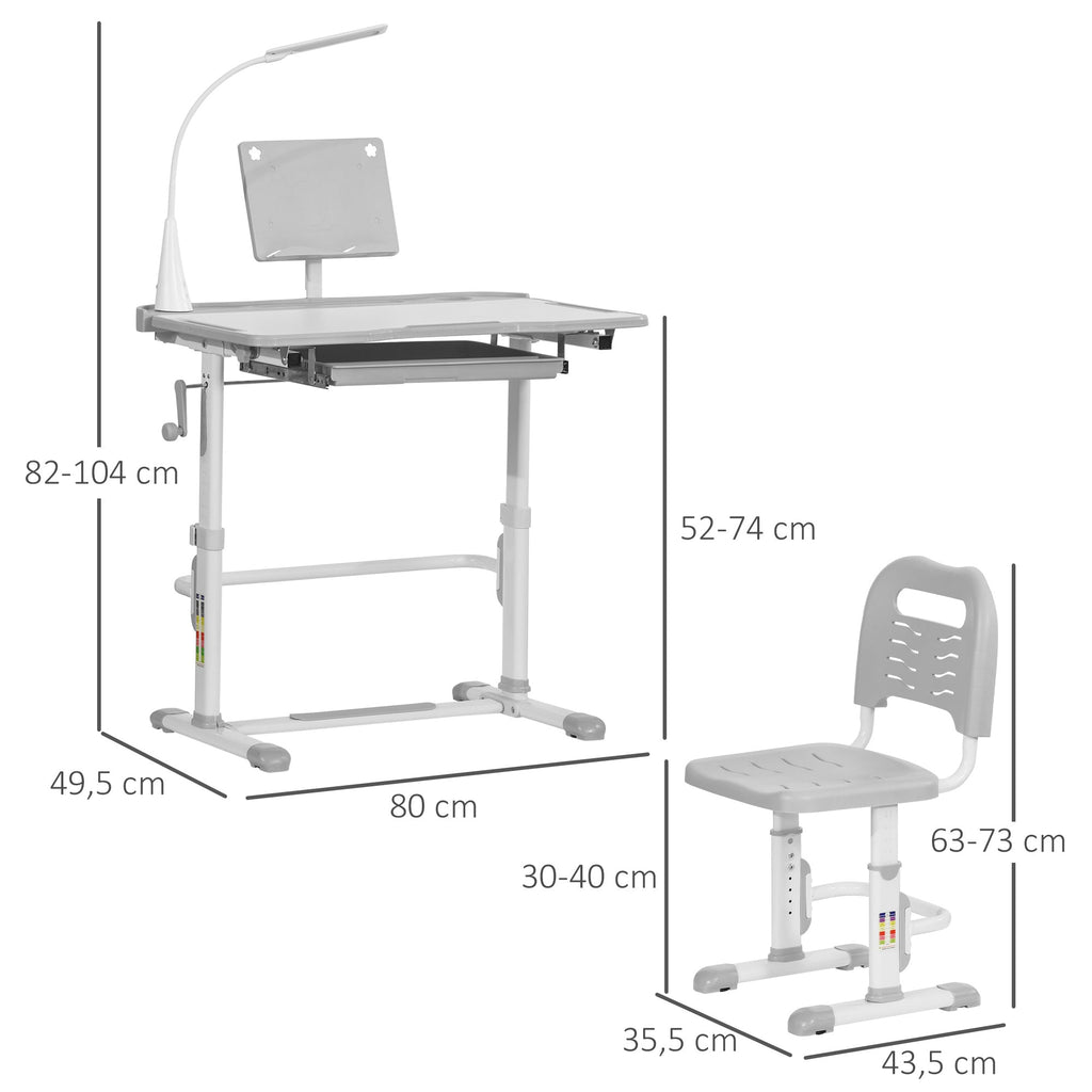 HOMCOM Conjunto de Secretária e Cadeira para Crianças acima de 3 Anos Secretária Infantil com Altura Ajustável Mesa Inclinável Gaveta Lâmpada LED e Suporte para Lápis 80x49,5x80 - 105cm e 36x34x60 - 73 cm Cinza - A minha loja