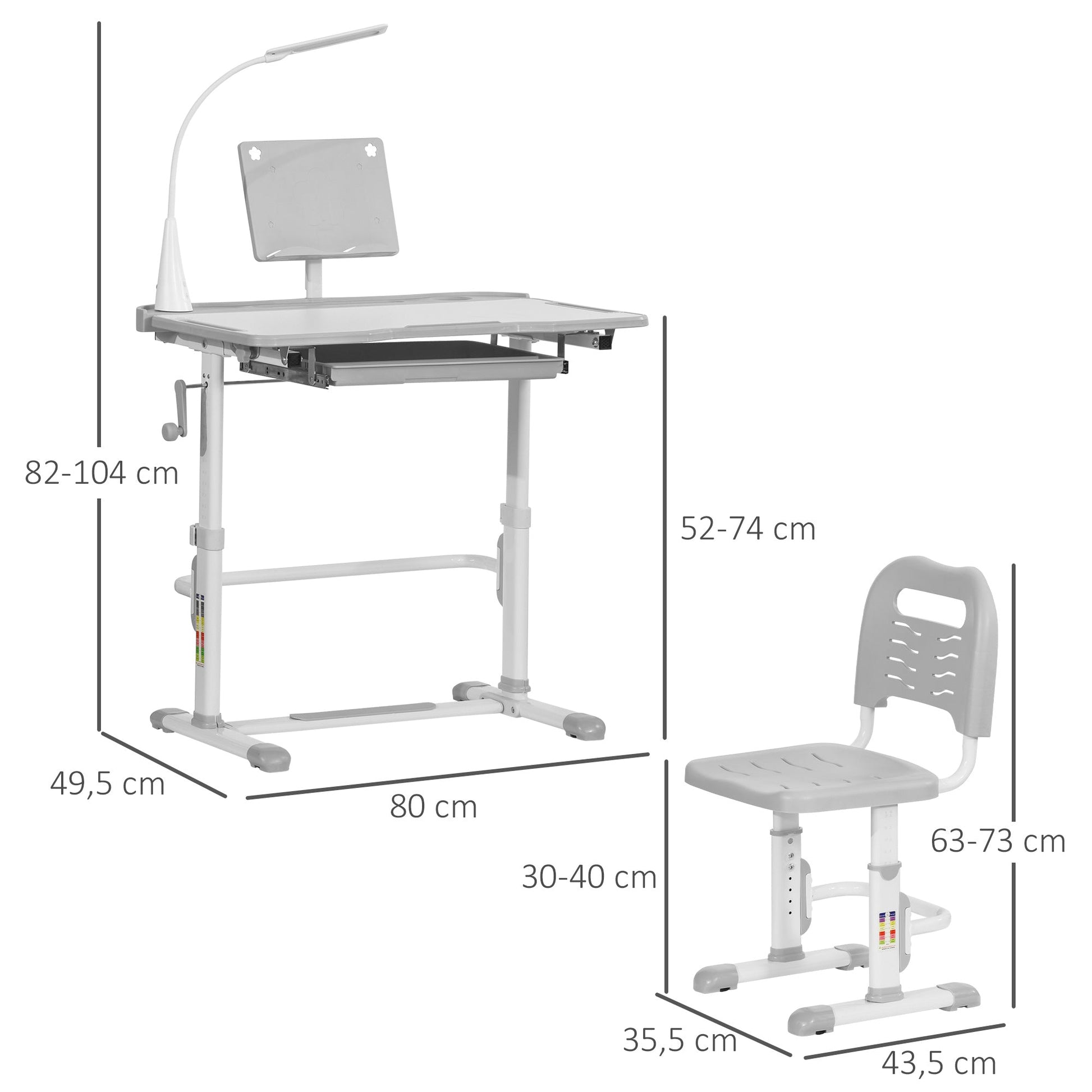 HOMCOM Conjunto de Secretária e Cadeira para Crianças acima de 3 Anos Secretária Infantil com Altura Ajustável Mesa Inclinável Gaveta Lâmpada LED e Suporte para Lápis 80x49,5x80 - 105cm e 36x34x60 - 73 cm Cinza - A minha loja