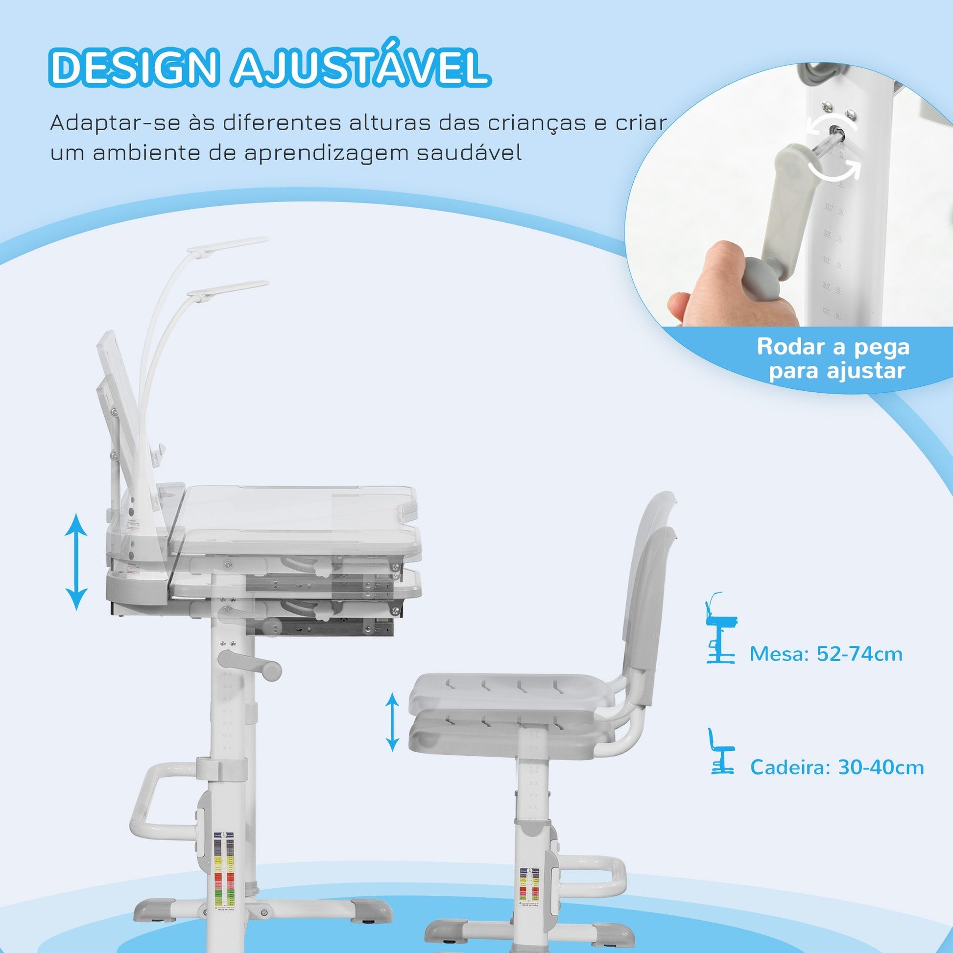 HOMCOM Conjunto de Secretária e Cadeira para Crianças acima de 3 Anos Secretária Infantil com Altura Ajustável Mesa Inclinável Gaveta Lâmpada LED e Suporte para Lápis 80x49,5x80 - 105cm e 36x34x60 - 73 cm Cinza - A minha loja