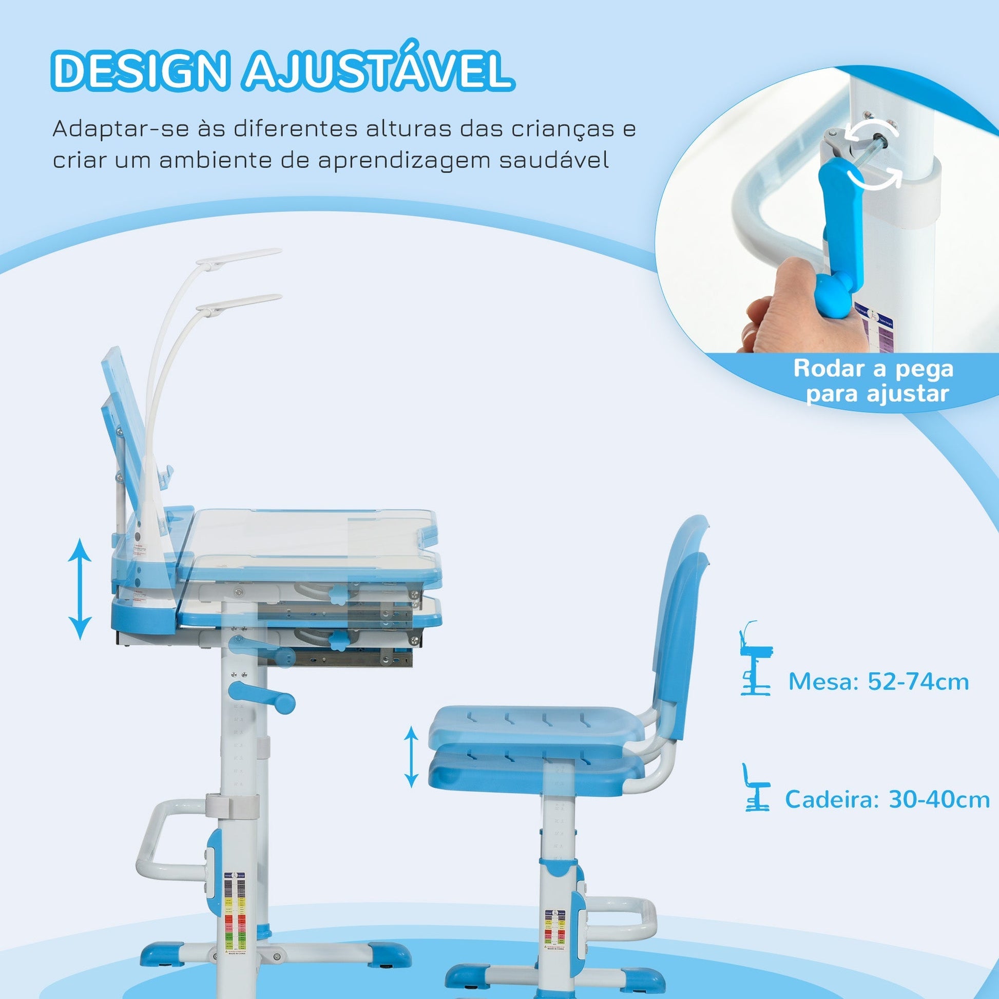 HOMCOM Conjunto de Secretária e Cadeira para Crianças acima de 3 Anos Secretária Infantil com Altura Ajustável Mesa Inclinável Gaveta Lâmpada LED e Suporte para Lápis 80x49,5x80 - 105cm e 36x34x60 - 73 cm Azul - A minha loja