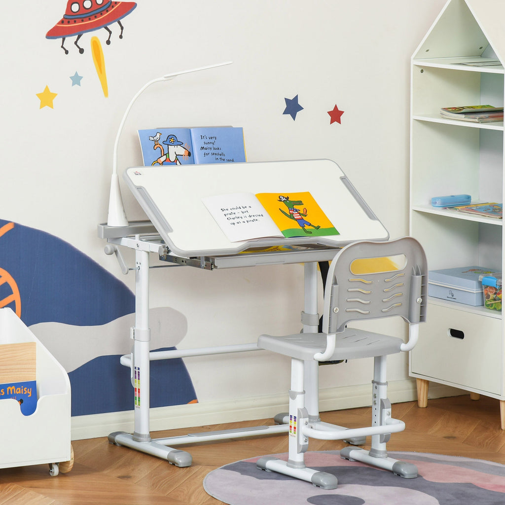 HOMCOM Conjunto de Secretária e Cadeira para Crianças acima de 3 Anos Secretária Infantil com Altura Ajustável Mesa Inclinável Gaveta Lâmpada LED e Suporte para Lápis 80x49,5x80 - 105cm e 36x34x60 - 73 cm Cinza - A minha loja