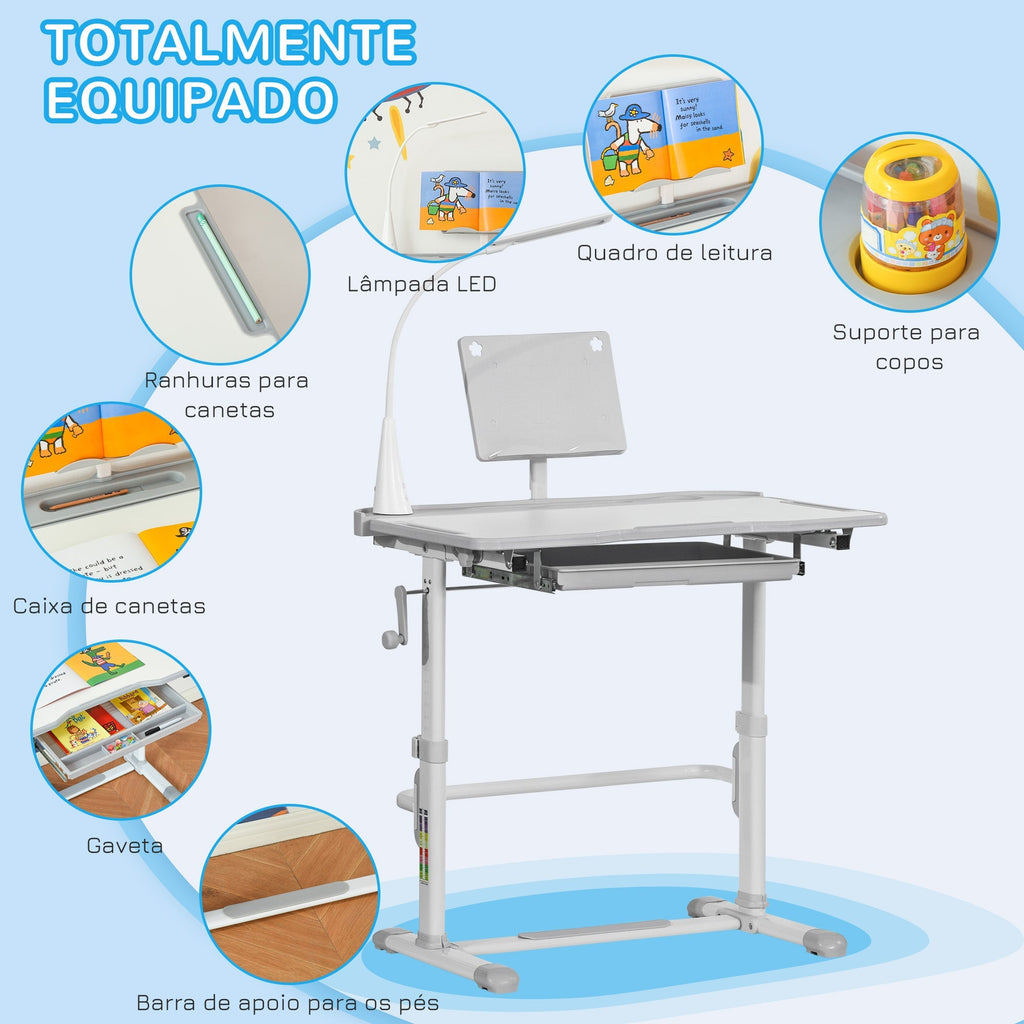 HOMCOM Conjunto de Secretária e Cadeira para Crianças acima de 3 Anos Secretária Infantil com Altura Ajustável Mesa Inclinável Gaveta Lâmpada LED e Suporte para Lápis 80x49,5x80 - 105cm e 36x34x60 - 73 cm Cinza - A minha loja