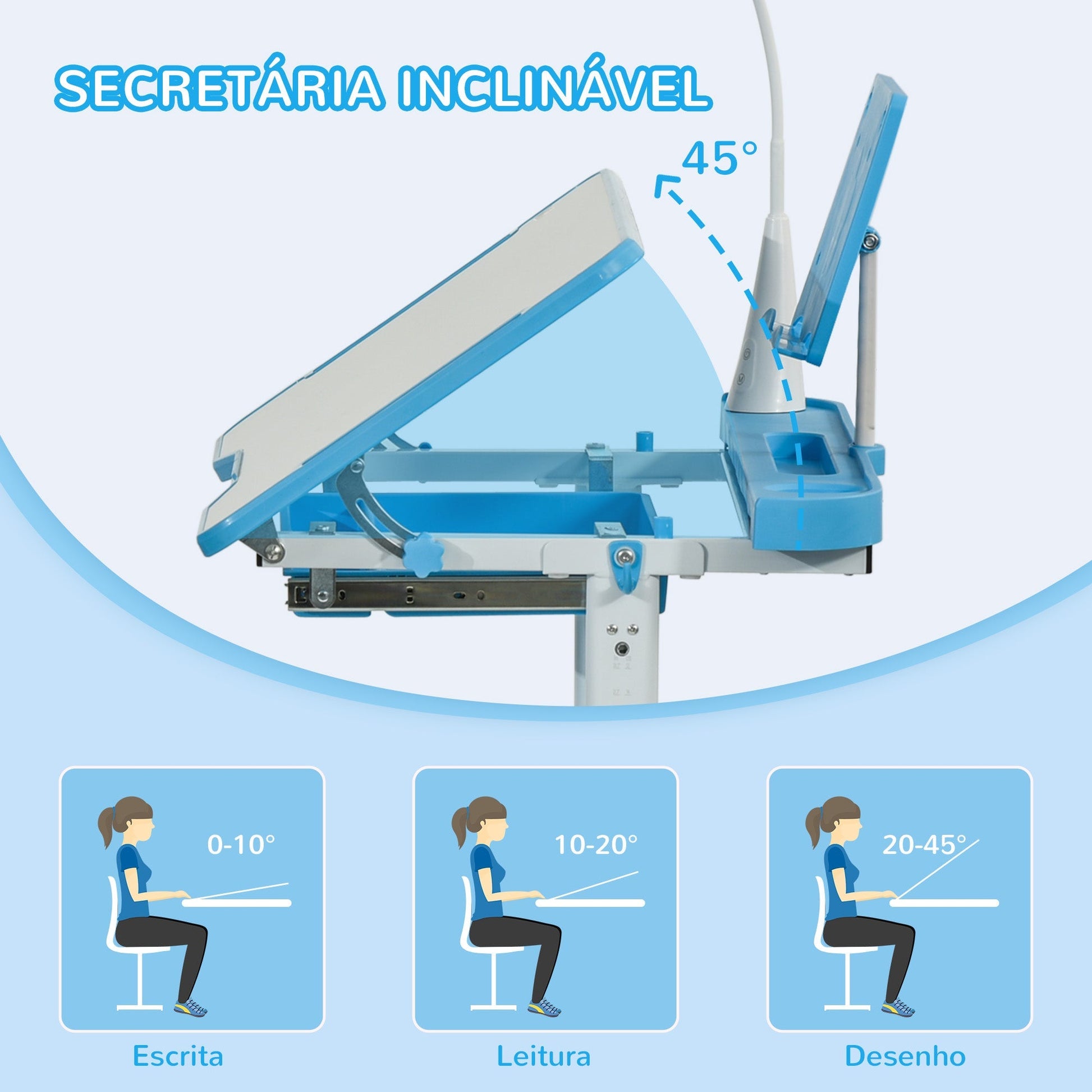 HOMCOM Conjunto de Secretária e Cadeira para Crianças acima de 3 Anos Secretária Infantil com Altura Ajustável Mesa Inclinável Gaveta Lâmpada LED e Suporte para Lápis 80x49,5x80 - 105cm e 36x34x60 - 73 cm Azul - A minha loja