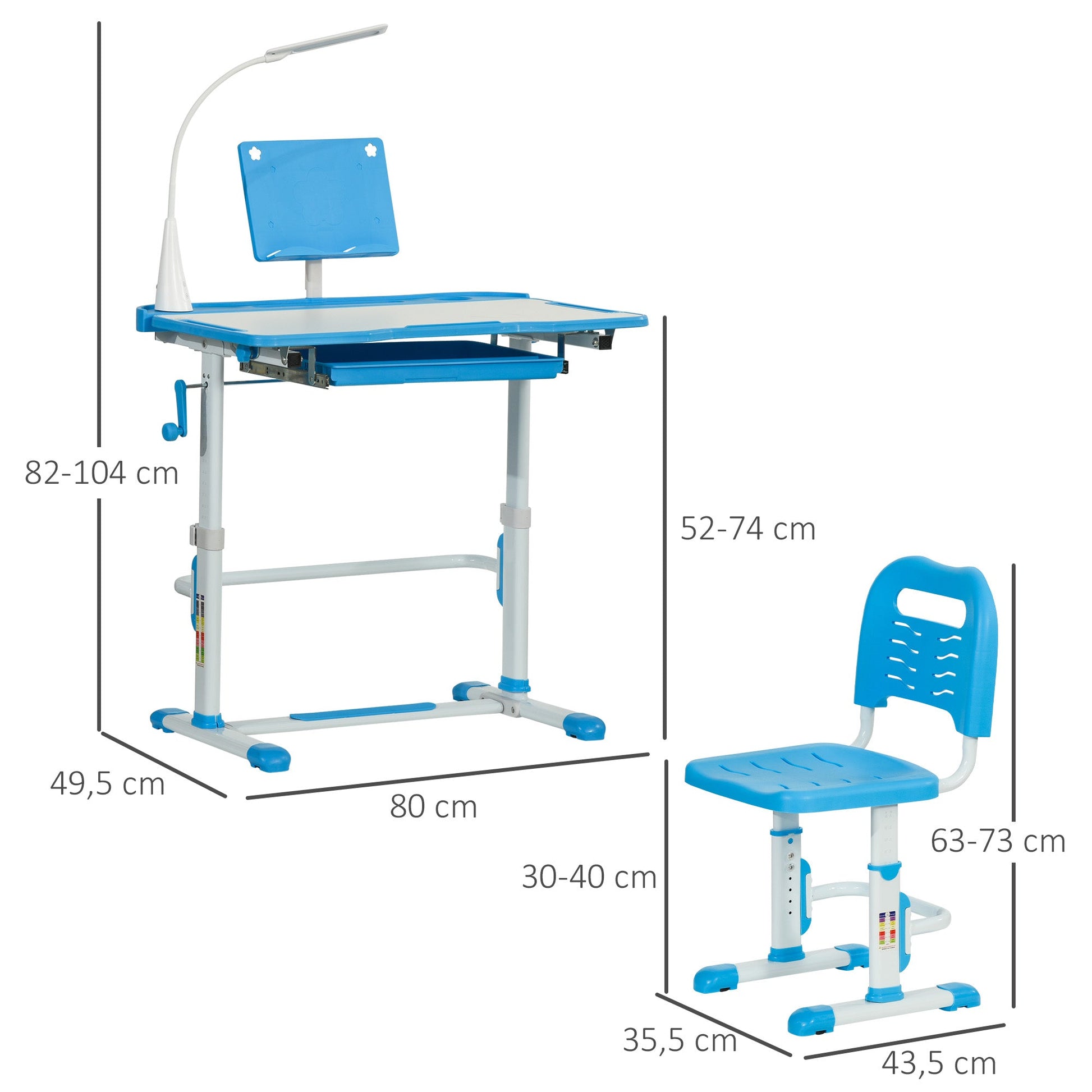 HOMCOM Conjunto de Secretária e Cadeira para Crianças acima de 3 Anos Secretária Infantil com Altura Ajustável Mesa Inclinável Gaveta Lâmpada LED e Suporte para Lápis 80x49,5x80 - 105cm e 36x34x60 - 73 cm Azul - A minha loja